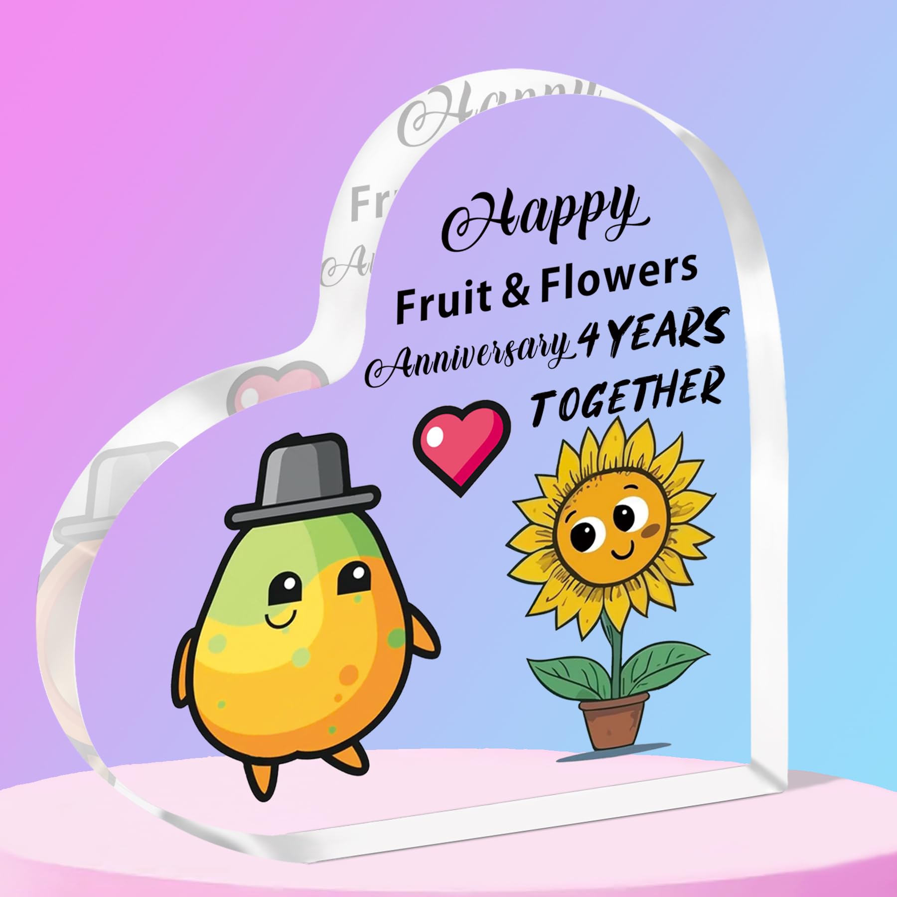 QMVMV 4th Wedding Anniversary Acrylic Plaque Gift for Husband Wife - Happy Fruit Flowers Anniversary Acrylic Plaque for Women Men Partner Couples Fourth Wedding Anniversaries