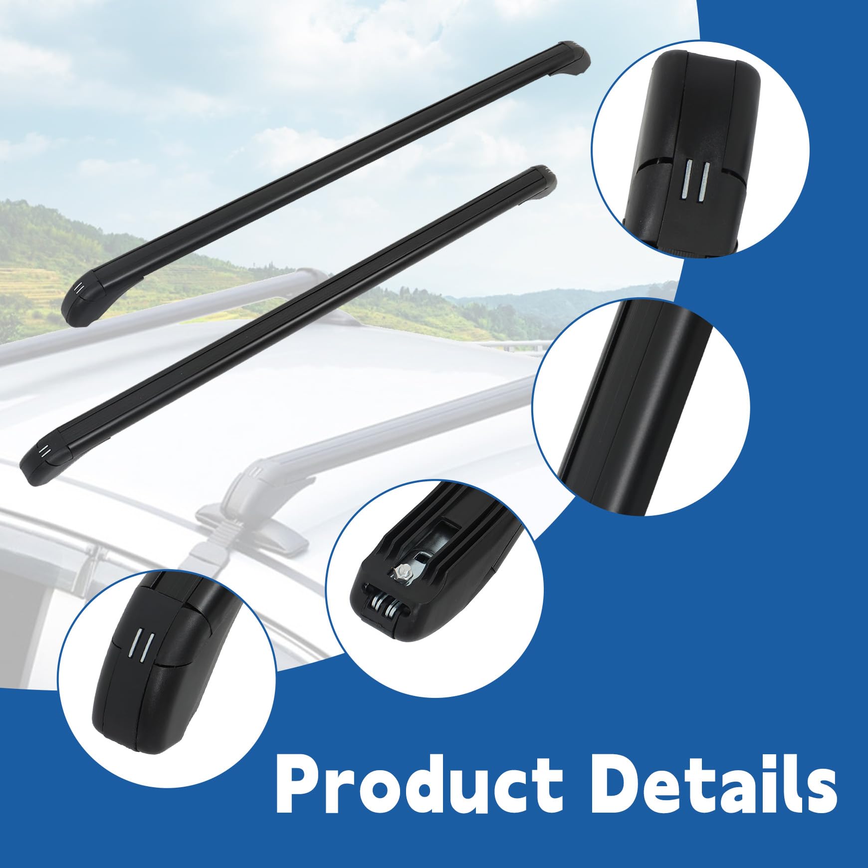 2Pcs 43.3 Inch Universal Car Top Roof Cross Bar Luggage Cargo Rack Adjustable Window Frame Aluminum Black