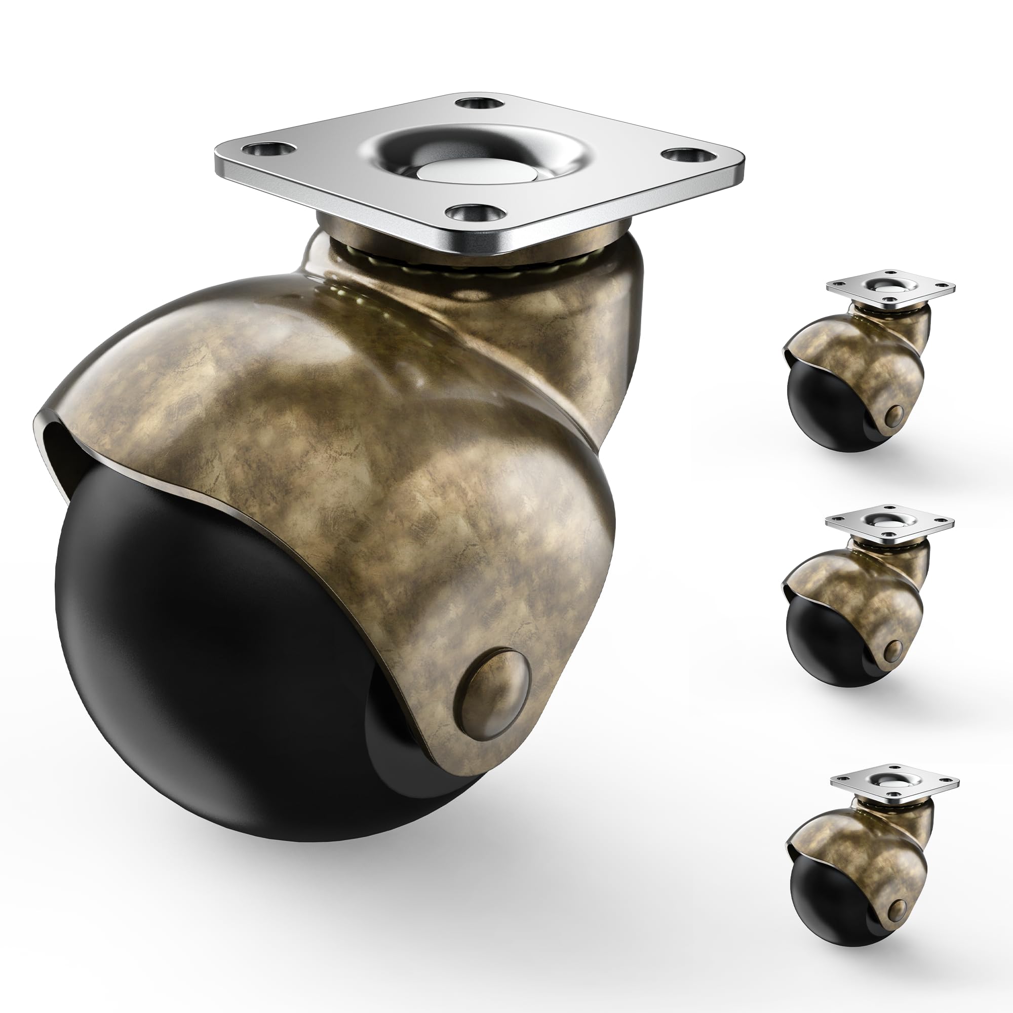 Ball casters 2 inch Without Brake, Antique Brass Casters, Vintage Caster Wheels, Swivel Plate Caster Set of 4 for Furniture, Sofa, Coffee Table, Cabinet, Kitchen Cart