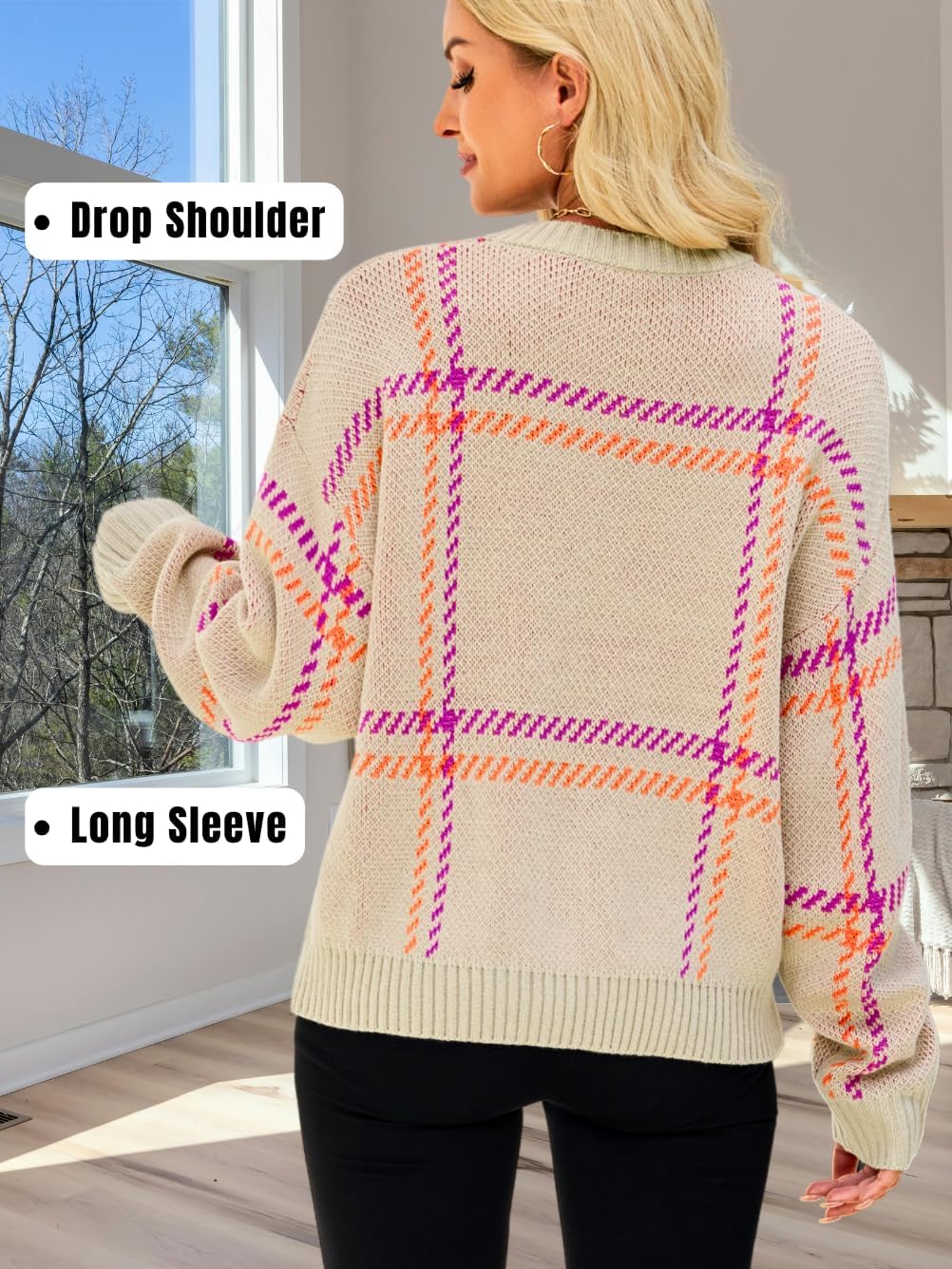 Checkered Pullover Sweaters, Crew Neck Long Sleeve, Fall Clothing, Lightweight Sweater for Women Striped Plaid - Image 5