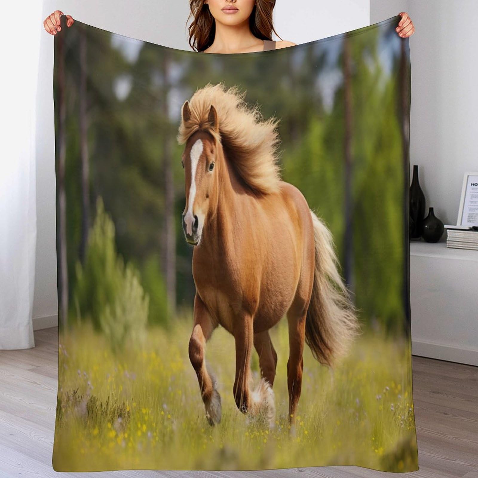 Couverture polaire cheval en flannel 130x150cm pour lit et canapé