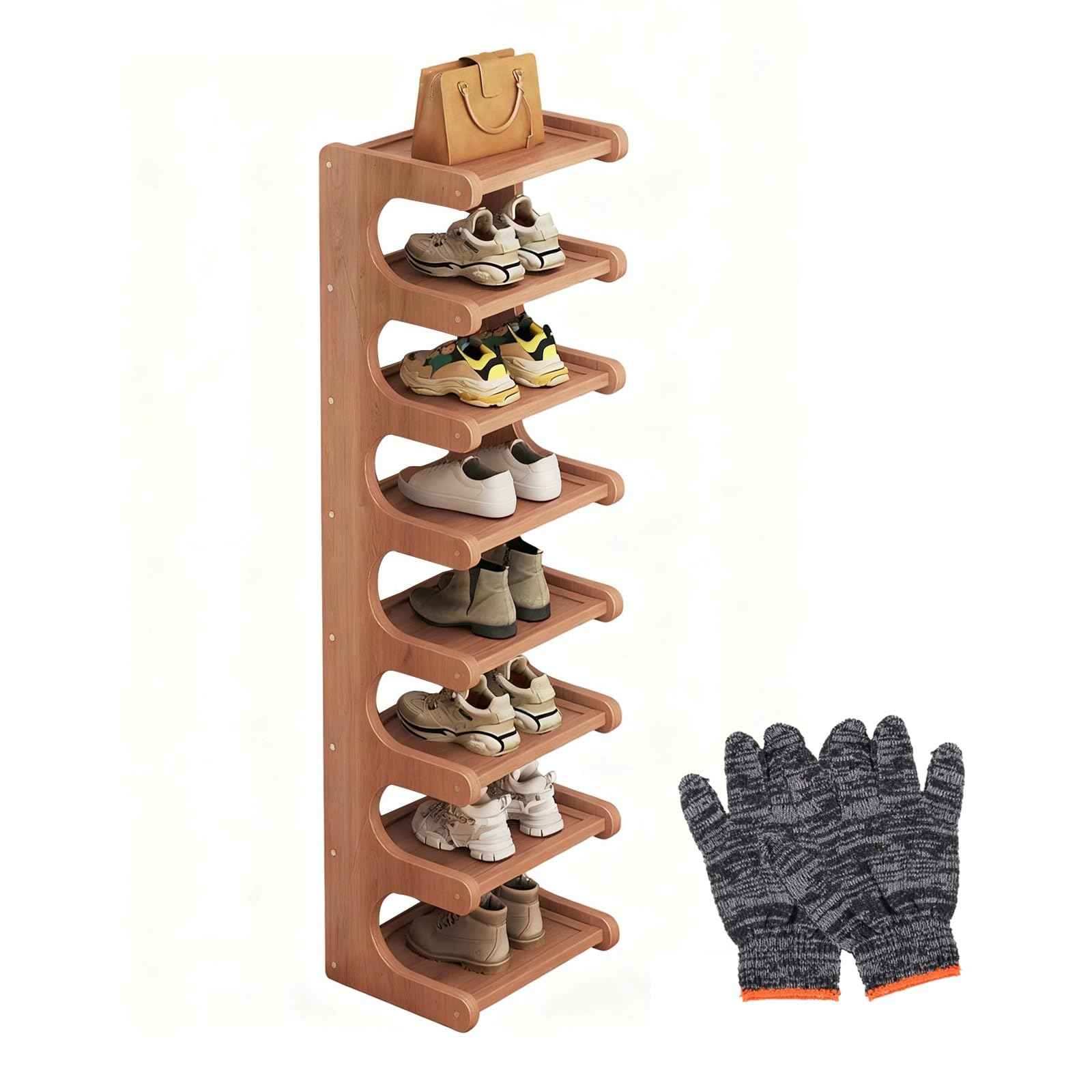 Tall Narrow Shoe Rack For Entryway, Vertical Bamboo Shoe Organizer For Closet Space Saving, 8 Tier Shoe Shelf Storage Tower With Gloves For Hallway Bedroom, Rustic Brown(99 cm/39 in(7 Tier))