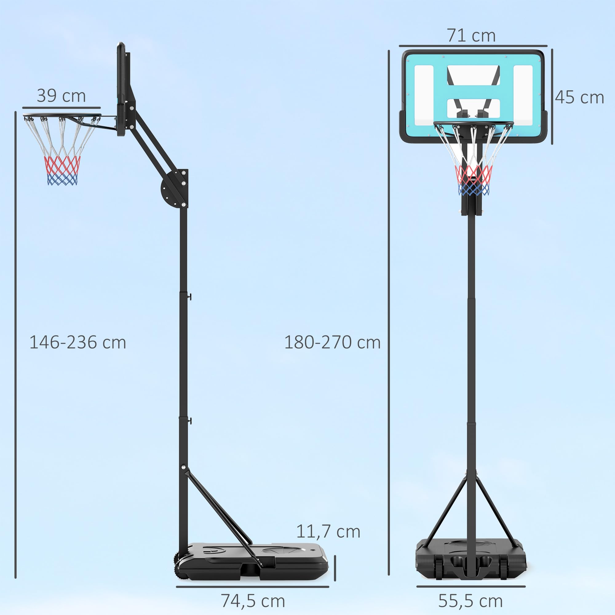 SPORTNOW Panier de Basket extérieur Hauteur réglable 146-236 cm Panier de Basket sur Pied à roulettes avec Base Stable remplissable d'eau ou de Sable pour Juniors et Adultes, Noir