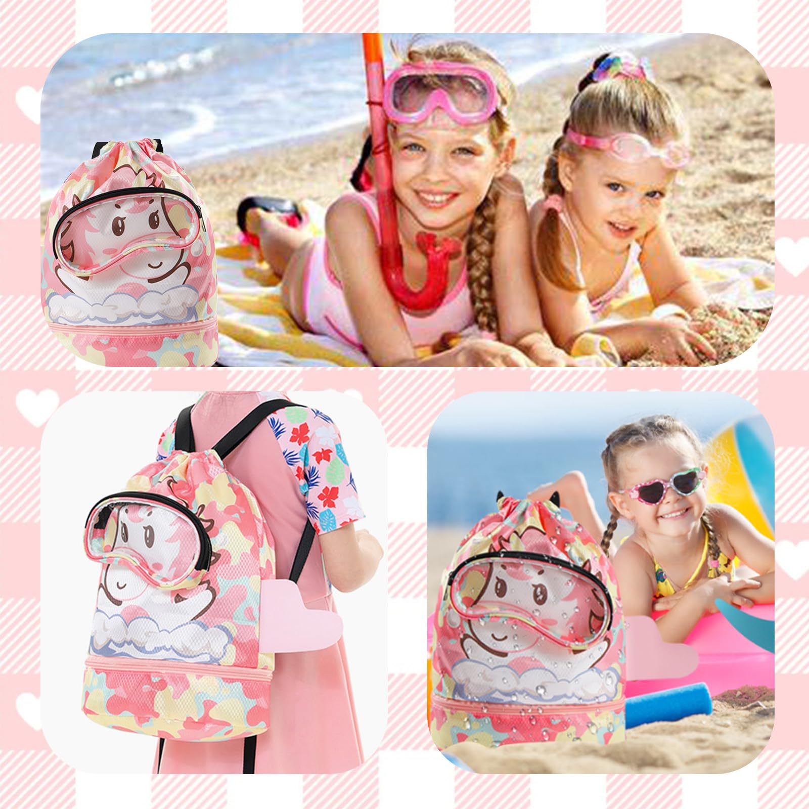 Sac Piscine Enfant avec Cordon, Séparation Sèche et Humide, Sac de Sport Réglable Rose