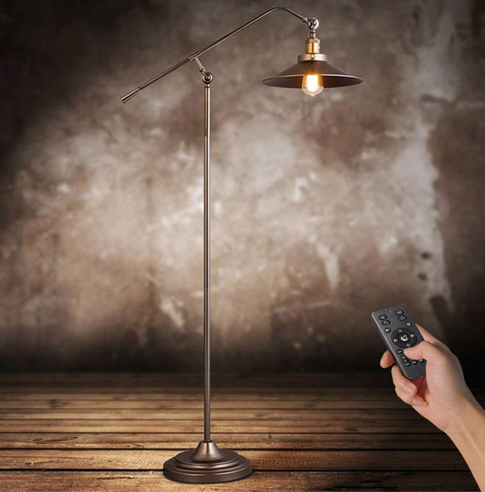 Stehlampe Wohnzimmer Vintage, Dimmbar Stehlampe Industrial mit Fernbedienung, 3000-6000K, Verstellbarer Arm, 6W LED Stehleuchte Retro Metall für Schlafzimmer Büro Arbeitszimmer, Braun