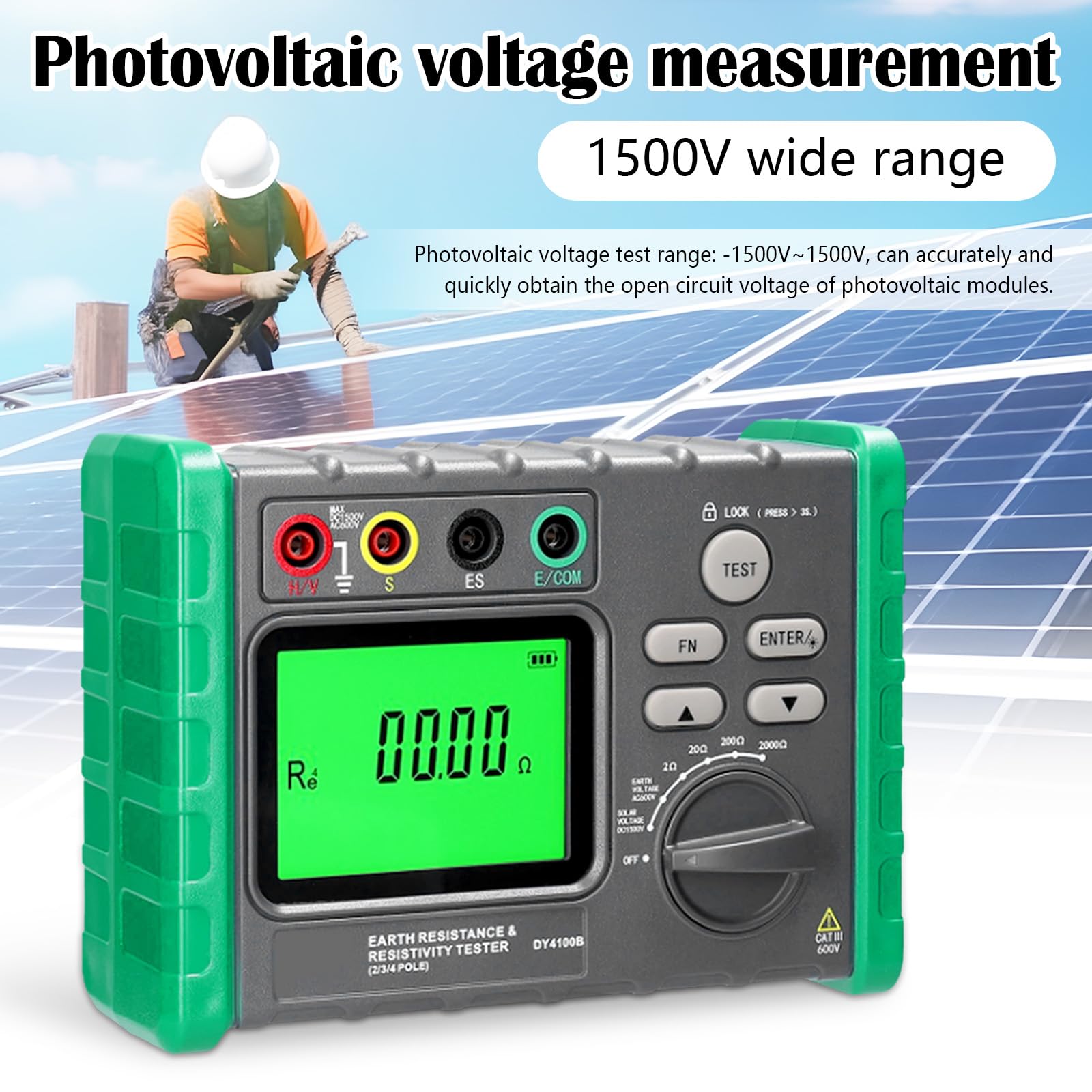 Isolationswiderstandstester, Erdungswiderstandsprüfer 0-2000Ω/ohm Isolationstester Erdspannung AC 0-600V PV Spannung DC 0-1500V Erdungsmessgerät Digital Megaohmmeter Resistance Tester