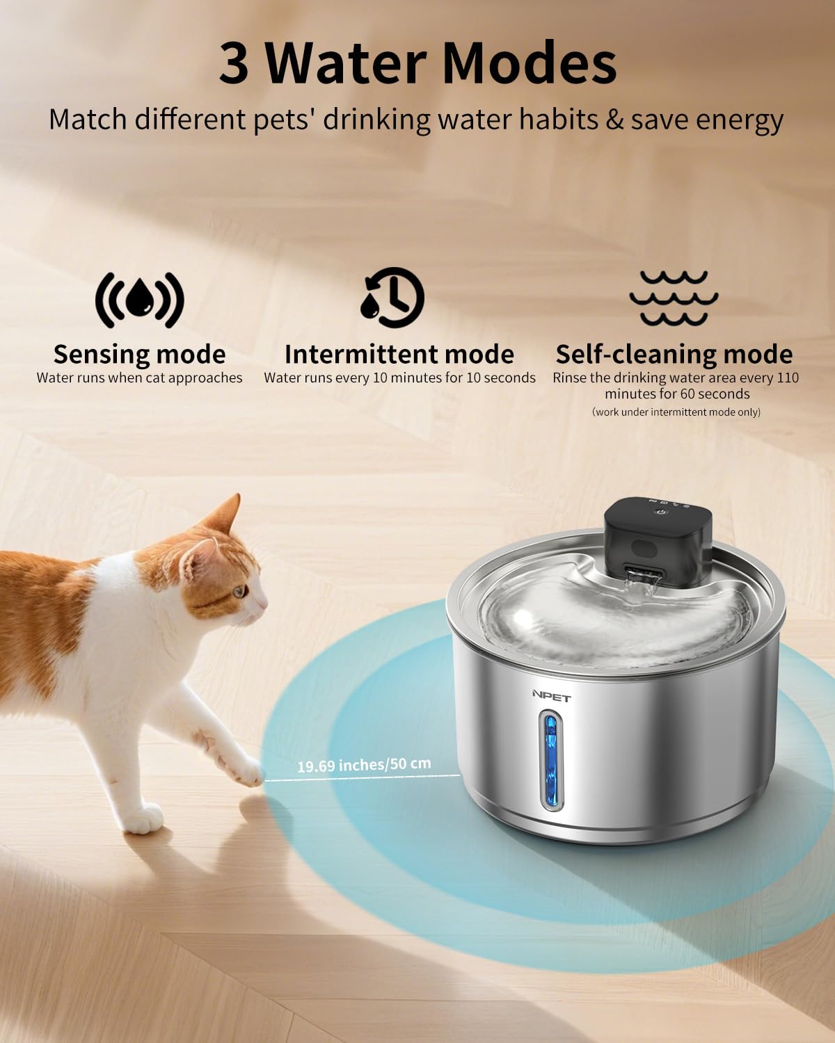 NPET Fuente inalámbrica de acero inoxidable para gatos, 1 galón/138 onzas, funciona con pilas, fuente automática para mascotas, dispensador de agua inalámbrico para perros con 8 filtros de repuesto