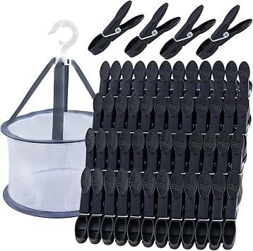48 Pcs Black Plastic Clothes Pins with Clothespin Bag, Clothespins Basket Heavy Duty Laundry Clothes Pins Clips with Springs, Clothes Drying Line Pegs Towel Clips Picture Clips Food Clips