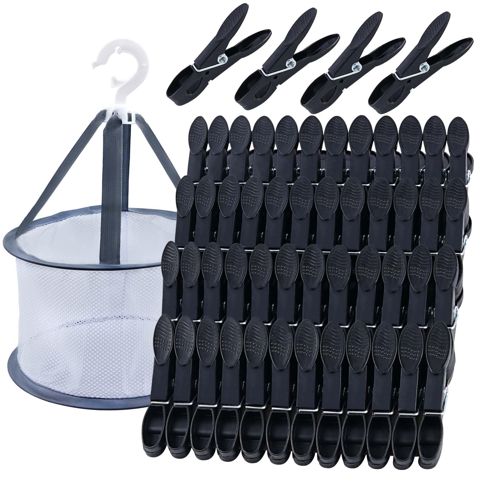 KEYBOO 48 Pack Clothes Pegs for Washing Line with Bag, Black Washing Pegs Plastic Laundry Pegs Extra Strong, Peg Basket for Washing Line, Washing Line Pegs Clothes Pegs and Bag Set for Home and Garden