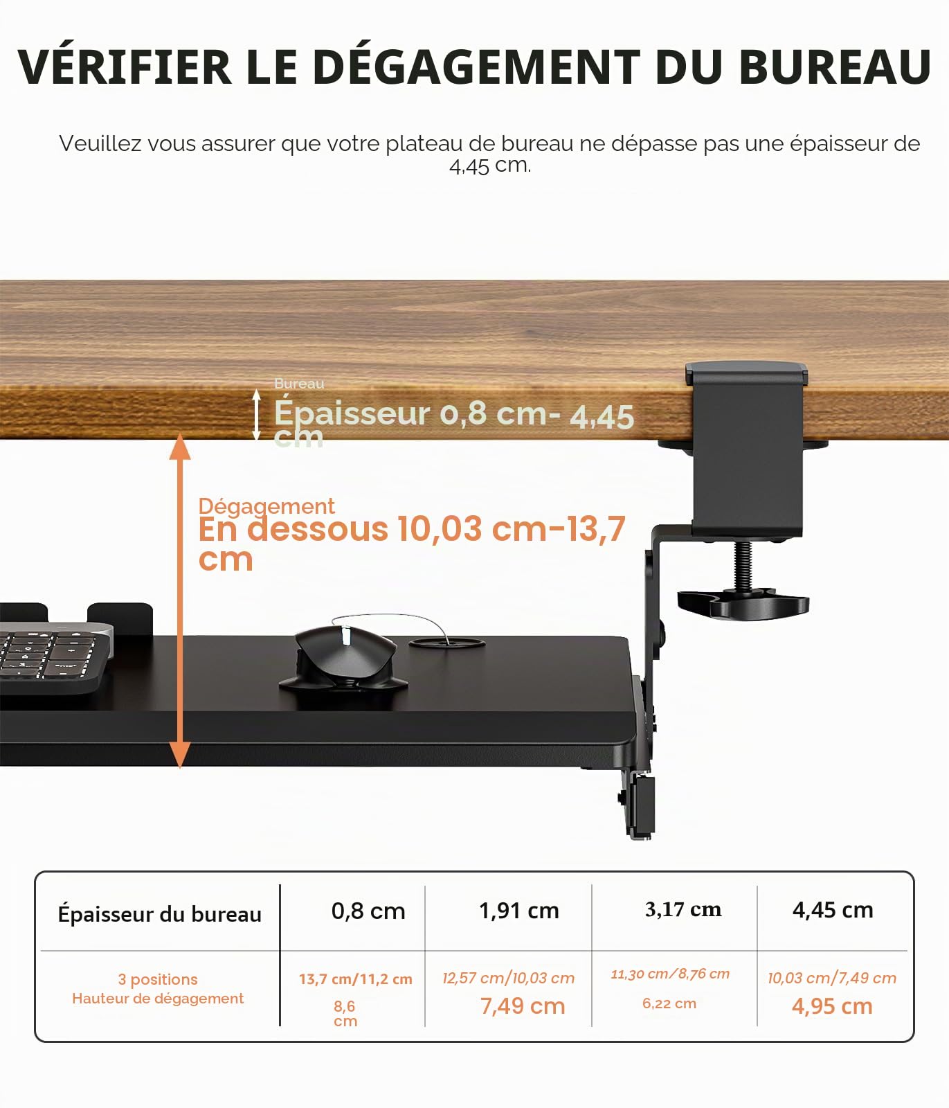 Hemudu Plateau de clavier extractible sous le bureau avec système de fixation en C extra robuste, 27,3 cm (82,5 cm y compris les pinces) x 27,9 cm, plateforme coulissante pour taper sur ordinateur