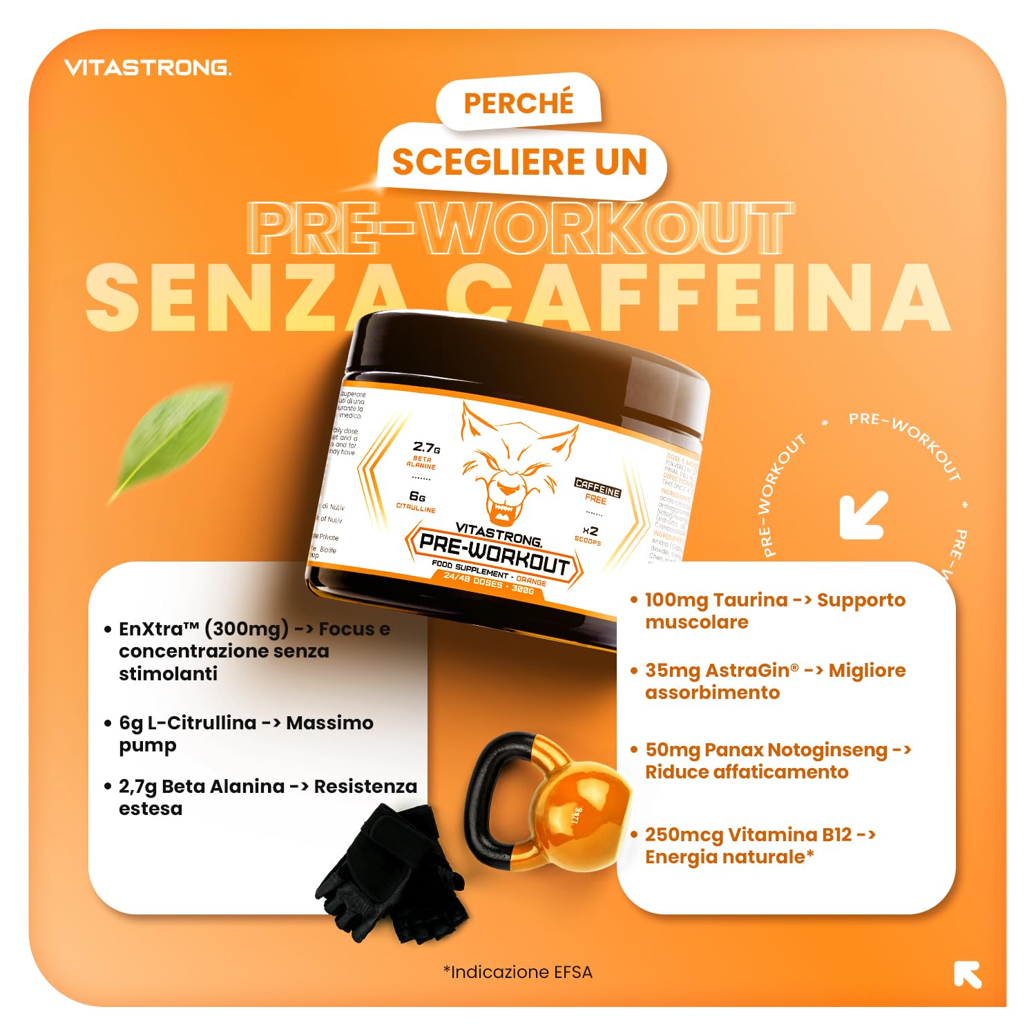 Pre Workout Potente 300g, con Vitamina B12, L Citrullina, Beta Alanina,Taurina, AstraGin, Vitastrong Pre Workout Made in Italy (24 Porzioni (Confezione da 1),Orange - No Caffeine)