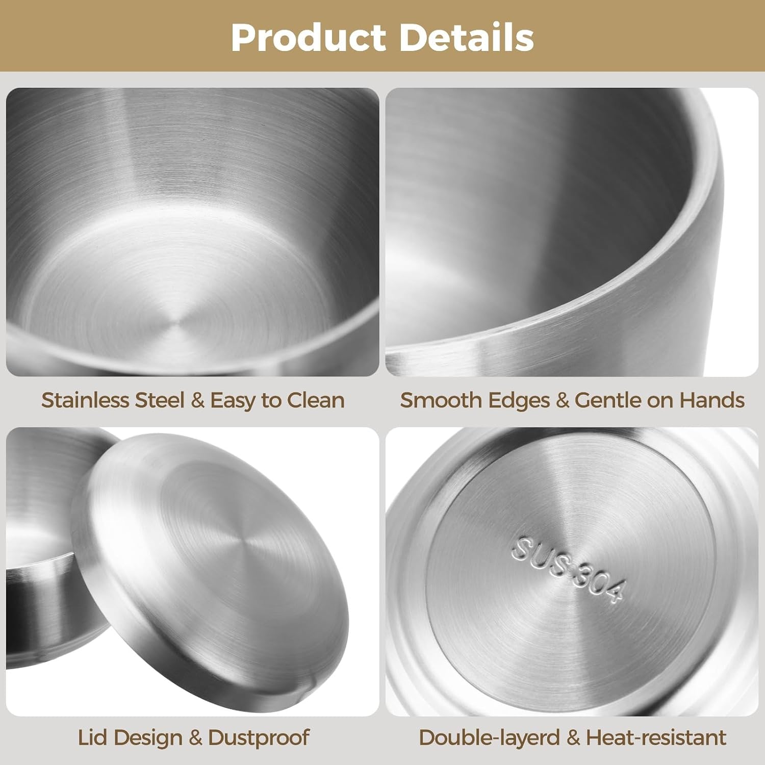 4.9 in Stainless Steel Soup Rice Bowls with Lids, Double-Walled Korean Rice Bowl Set, Silver Salad Bowls for Home & Restaurant, 4 Pcs