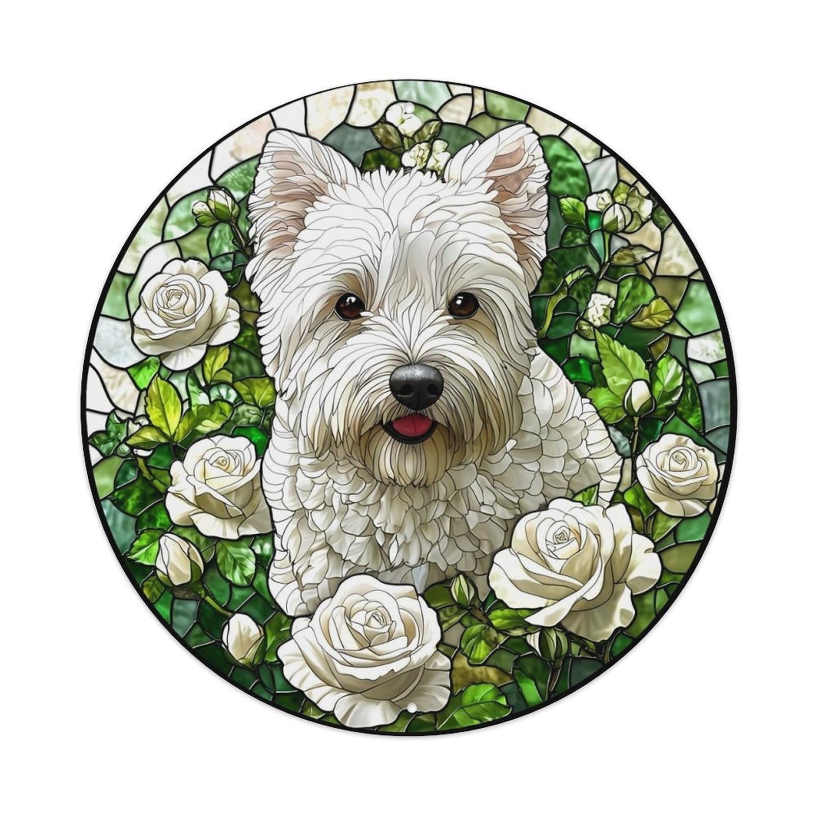 Stained Glass Dog Roses Pattern Round Tin Sign Vintage Metal Sign Home Bar Garden Indoor & Outdoor Wall Decor Retro Metal Poster 8x8 Inch