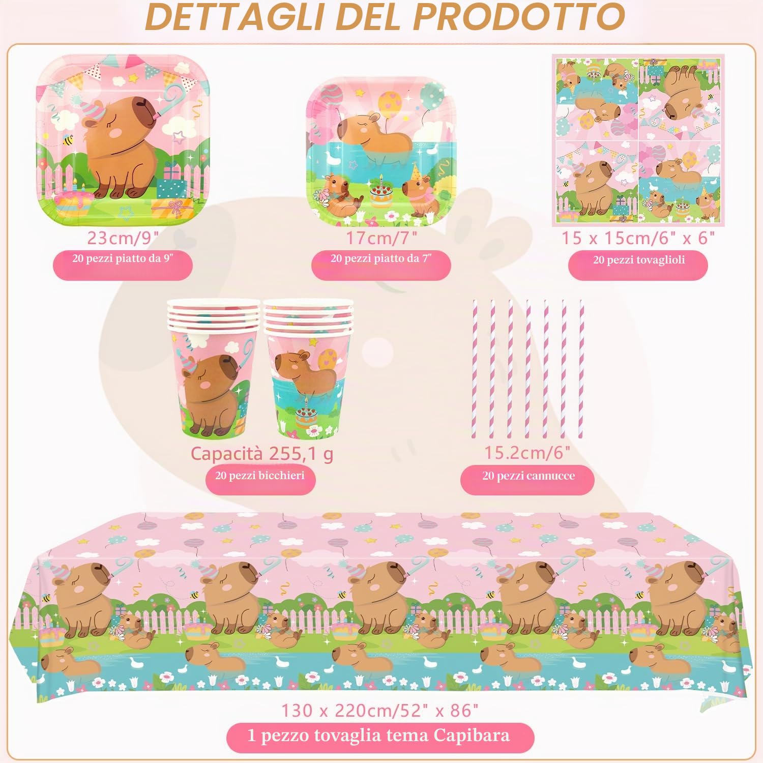 Rosa Capybara Party Decoration - Capybara Compleanno Party Stoviglie Accessori include piatti, tazze, tovaglioli, tovaglie, cannucce - per 20 persone
