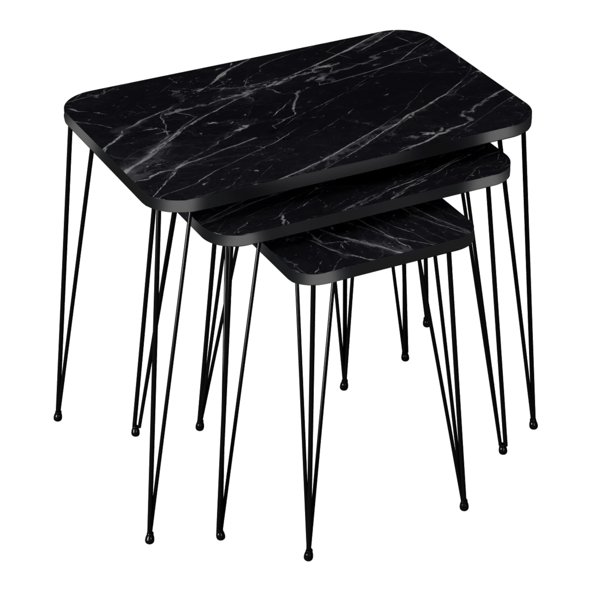 [en.casa] Set di 3 Tavolini Bassi da Divano - Tavolini Sovrapponibili in Dimensioni Diverse Gambe a Forcina in Metallo Piano Quadrato - Effetto Marmo Nero