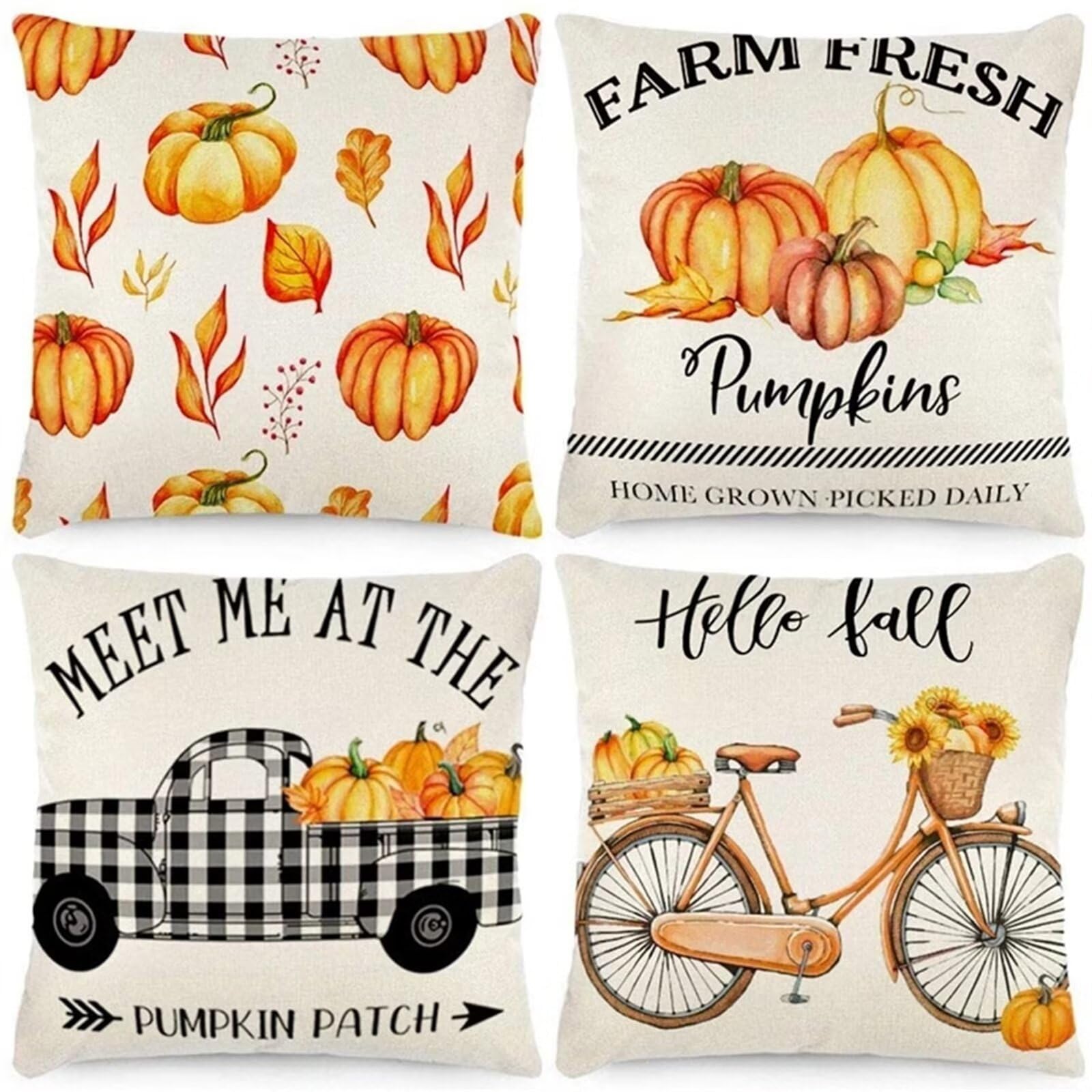 Juego de 4 Impermeable Funda de Cojín Bicicleta de calabaza amarilla,55x55cm Moderno Suave Transpirables Lino Fundas de Almohada Cojines Decor con Cremallera Oculta para Exterior Sofá Cama Coche Hogar
