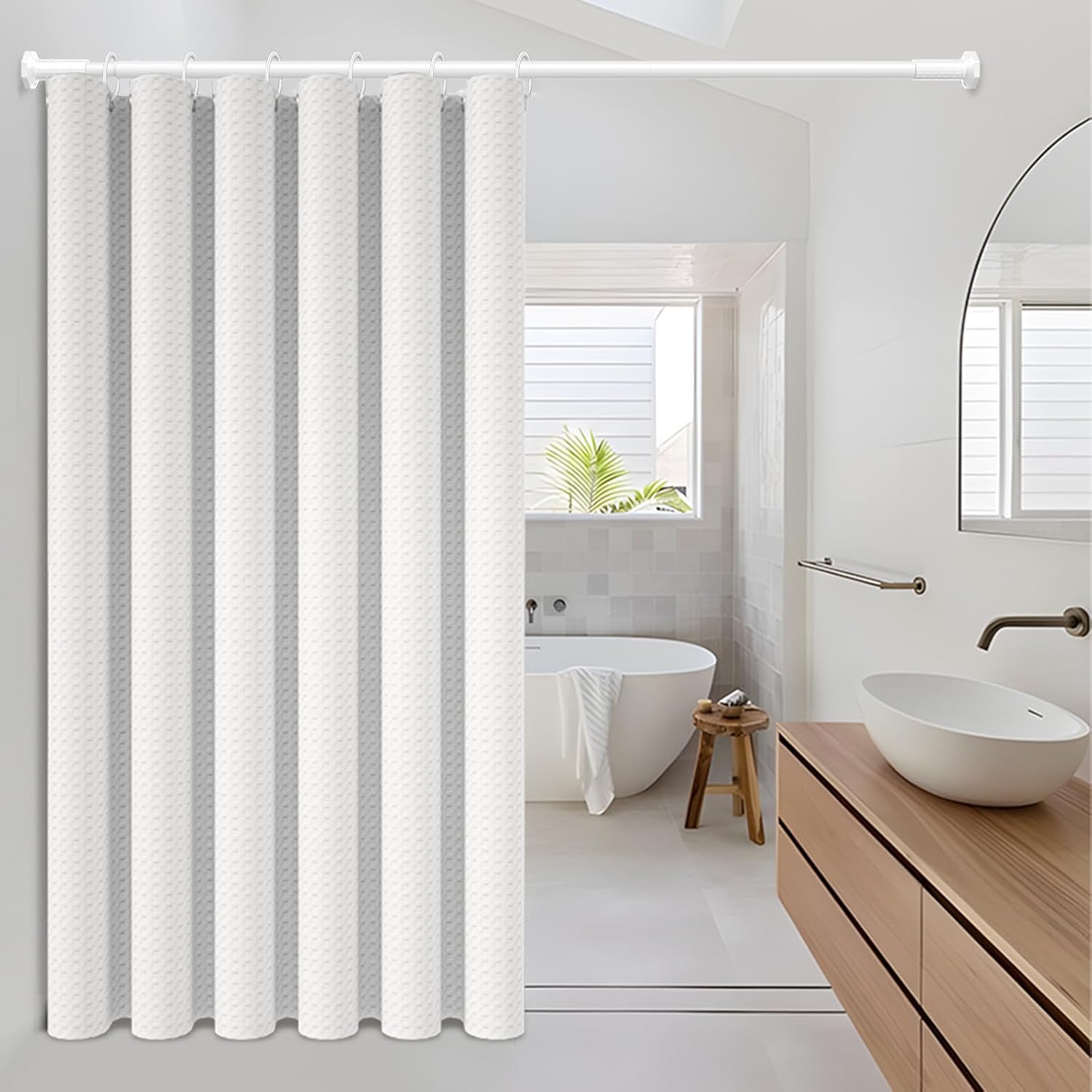 Tension Curtain Rods No Drilling 45-86 In, White Shower Curtain Rod for Bathroom, Adjustable Long Curtain Rod for Windows Patio Closet, Heavy Duty Tension Rod, Never Rust, Rod Diameter 1.26 In