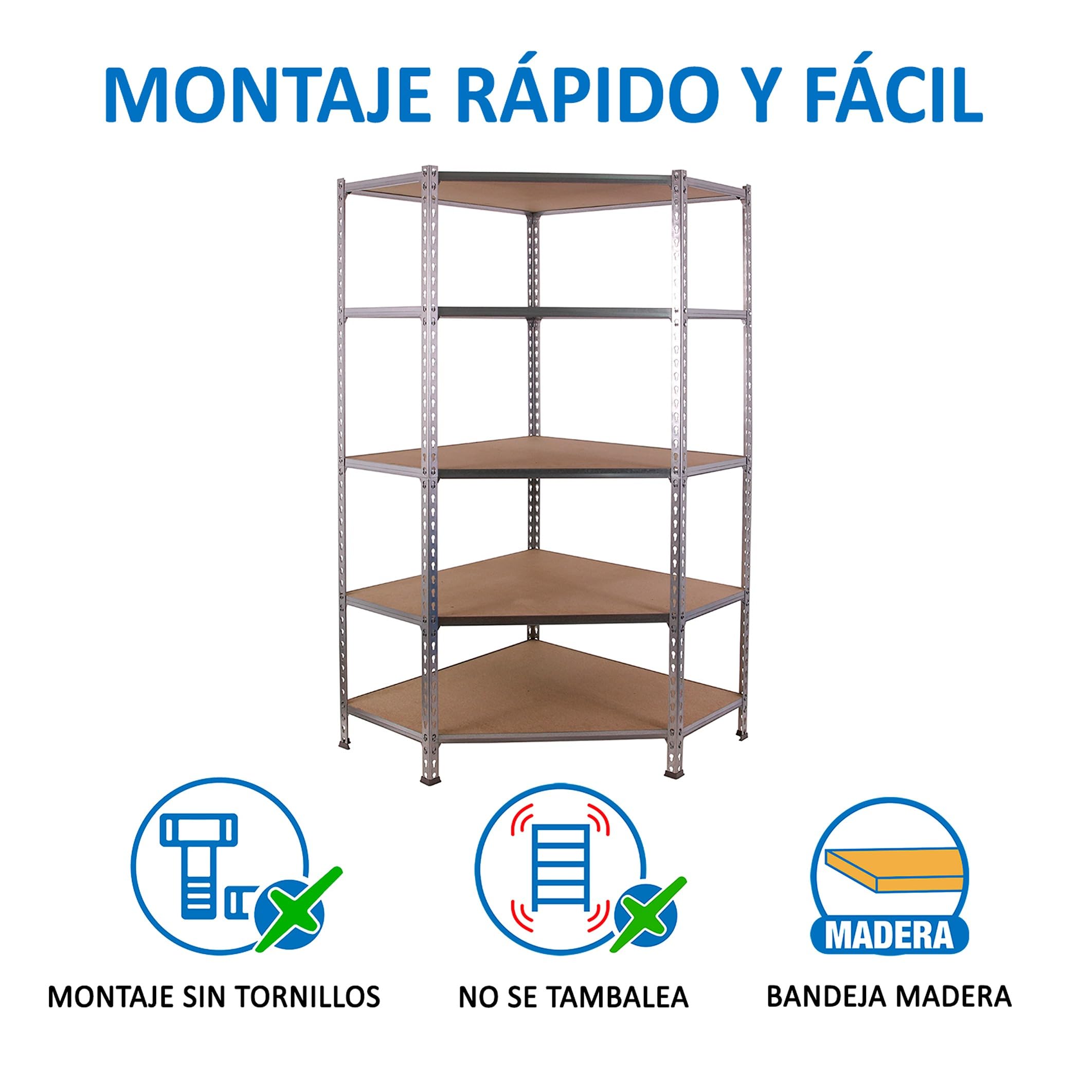 SimonRack Scaffale Metallo Garage Angolo, 5 Ripiani Legno, 200 kg di Punto di Flessione, 1800x900x300 mm, Scaffale Garage, Senza Viti, Zincato/Legno - Maderclick Corner