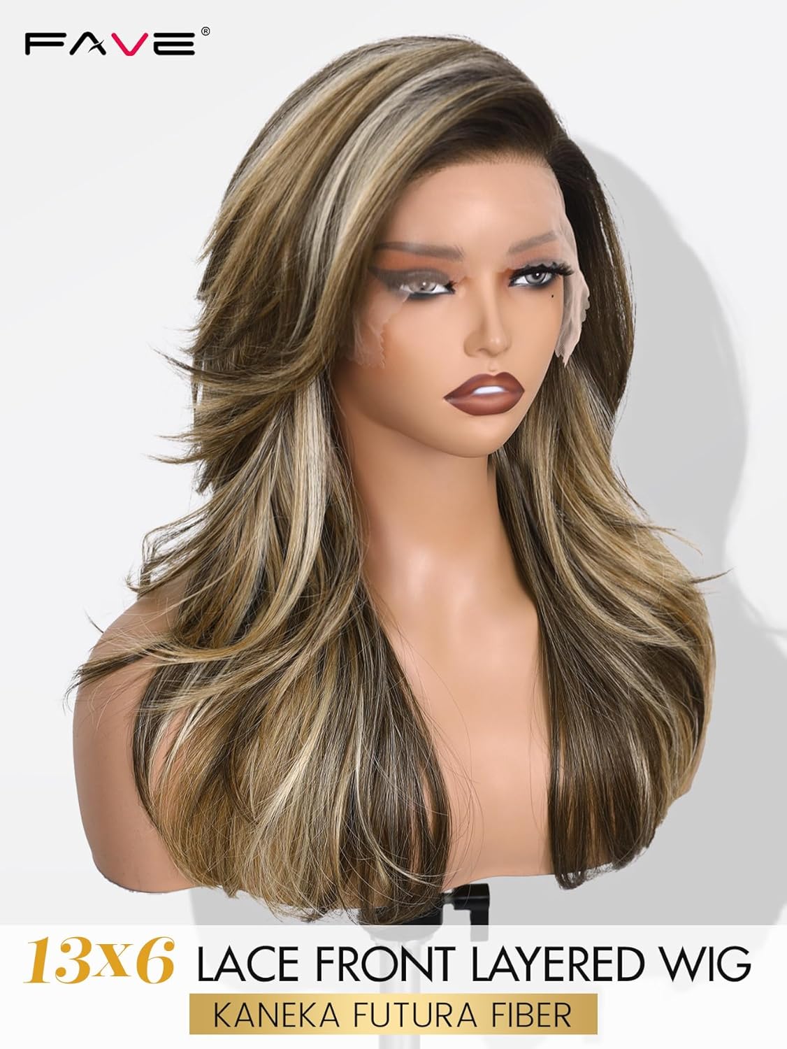 FAVE 13×6 Synthetic Lace Front Wig 18 Inch Layered Highlight Wig Butterfly Haircut Kanekalon Futura Synthetic Wig Blonde Mix Brown Wigs for Women