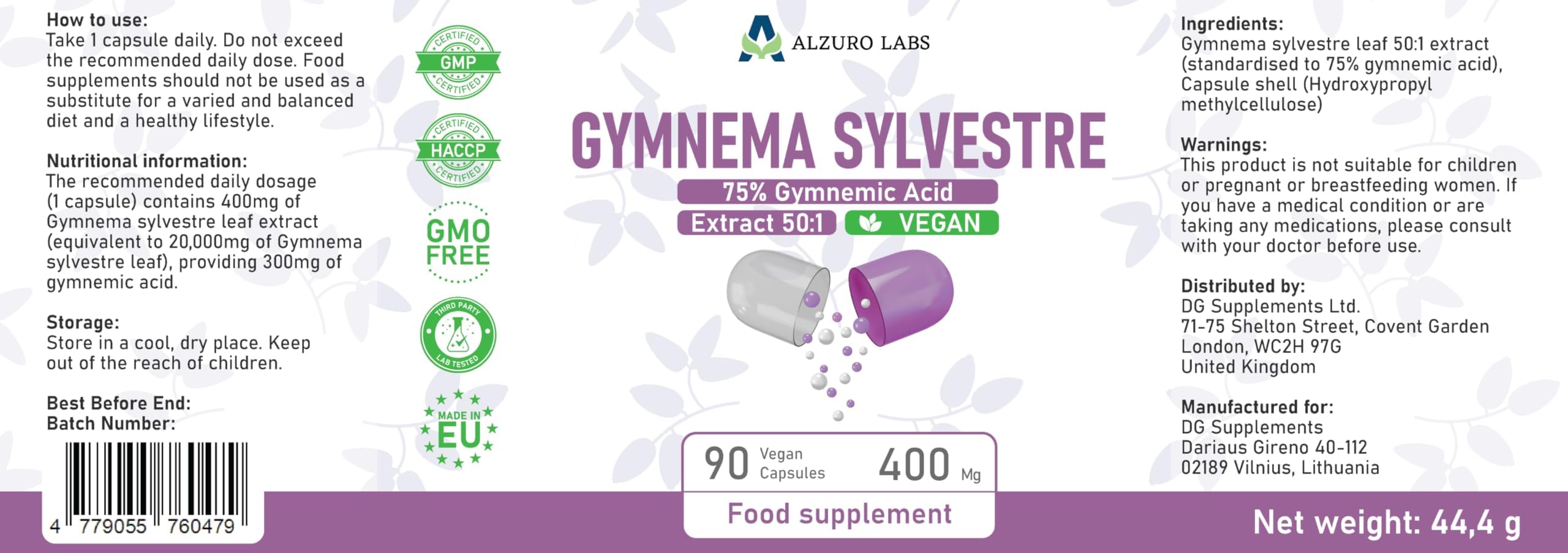 Gymnema Sylvestre | 20,000mg | Estratto 50:1 (400mg) (75% Acido Gymnemico) | 90 Capsule Vegane | GMP & Testato da Laboratorio Indipendente