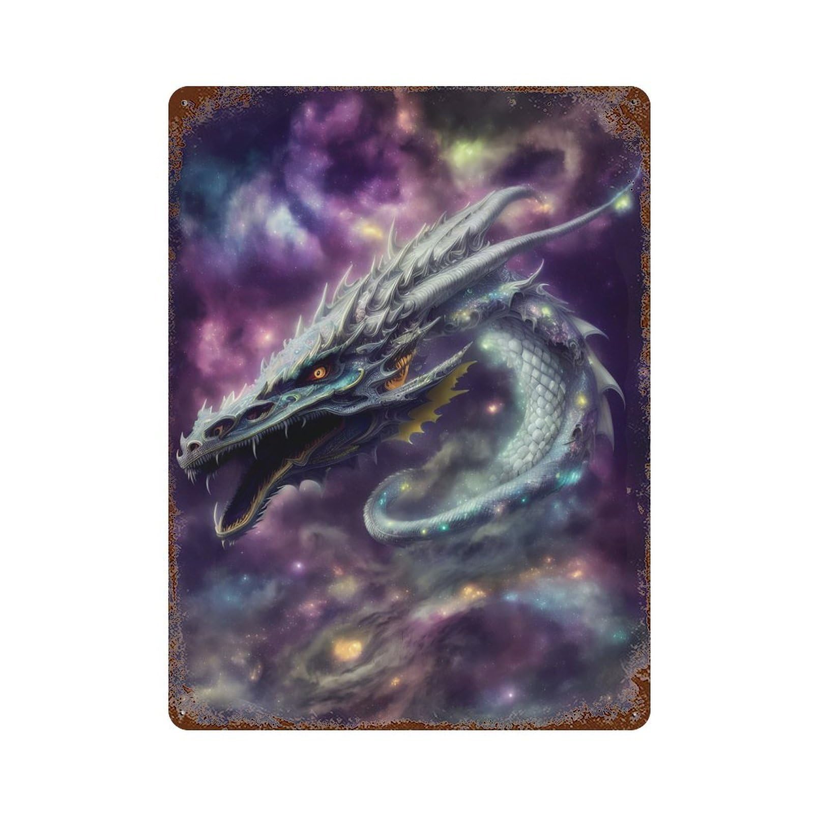Vintage Rust Metal Sign with Cosmic Dragon Design 15.7"x11.8", for Farmhouse, Kitchen And Entryway Decor, Novelty Wall Decor