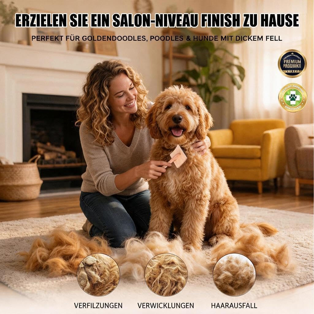 5-teiliges Hundepflege-Set – Große Slicker-Bürste mit langen Stiften für Doodles, Goldendoodles & Pudel – Hundebürste für lockiges Fell, Entfernt Verfilzungen & Knoten, Holzgriff – Holz