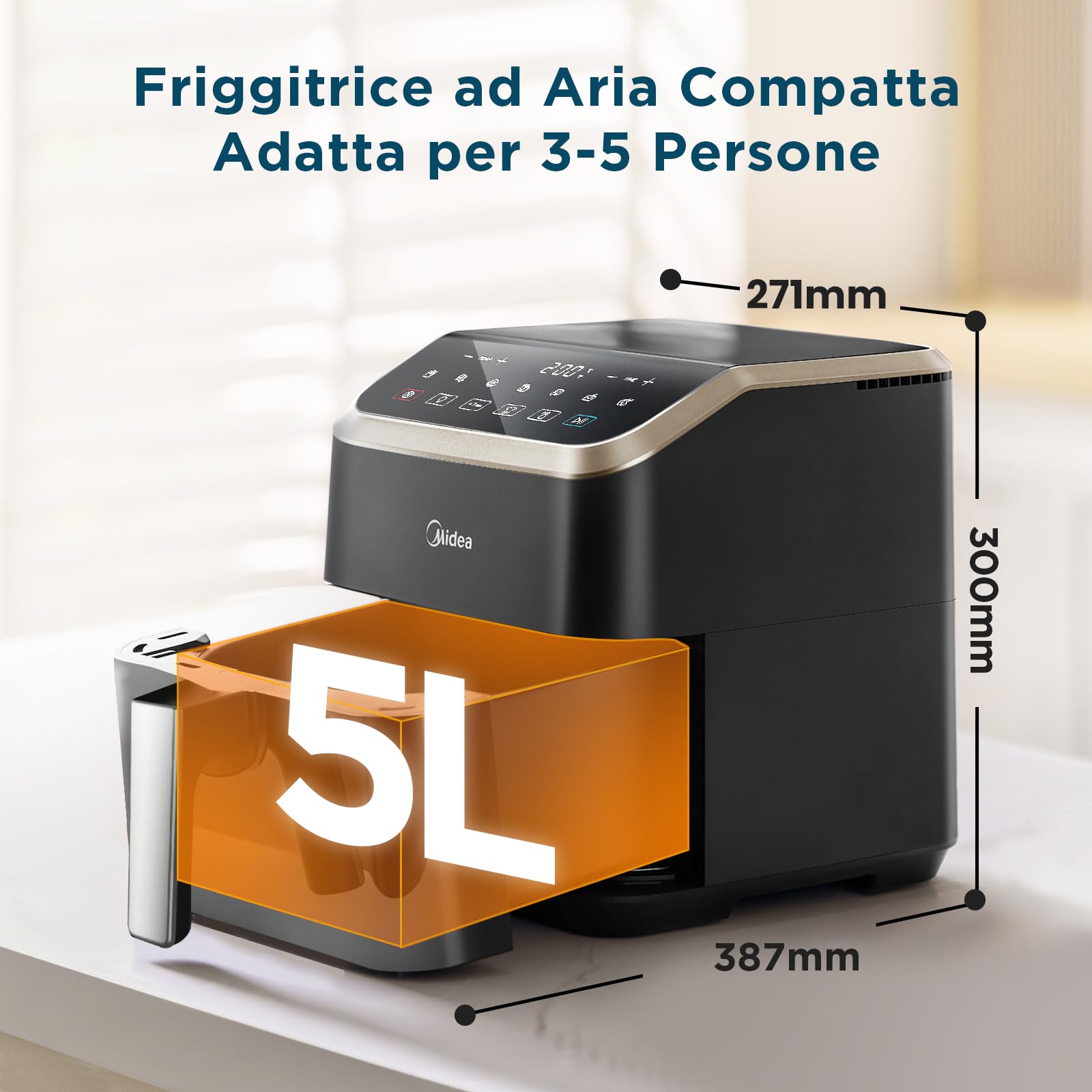 Midea Friggitrice Ad Aria 5L Cestello Vetro Trasparente e Luce, Tecnologia HeatXpress, 90% Meno Olio, 10 Programmi Di Cottura, Air Fryer Risparmio Energetico e Tempo, Fino a 3-5 Persone