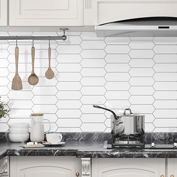 WESTICK White Long Hexagon Tile Kitchen Backsplash Peel and Stick Tiles Waterproof Faux Marble Back Splash Stick on Tiles Self Adhesive for Bathroom Laundry Room 12"x12" 10-Sheet Mosaic Wall Tile