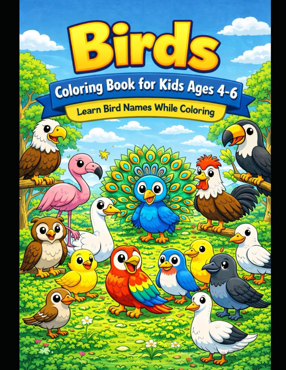 Birds Coloring Book for Kids Ages 4–6: is a fun and educational coloring book designed to help young children learn bird names while enjoying creative coloring time.