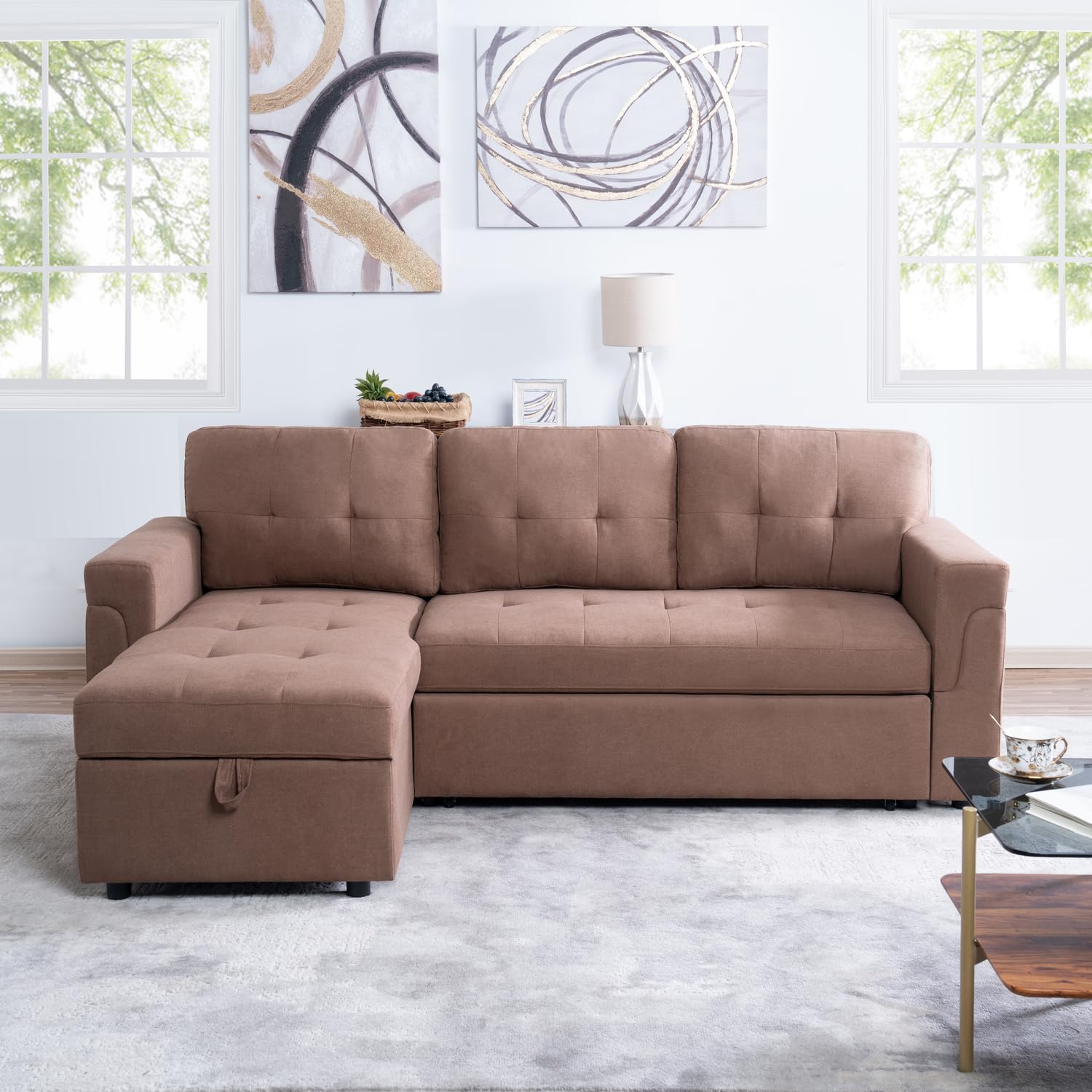 Naomi Home Reversible Sleeper Sectional Sofa Storage Chaise Mocha/Velvet
