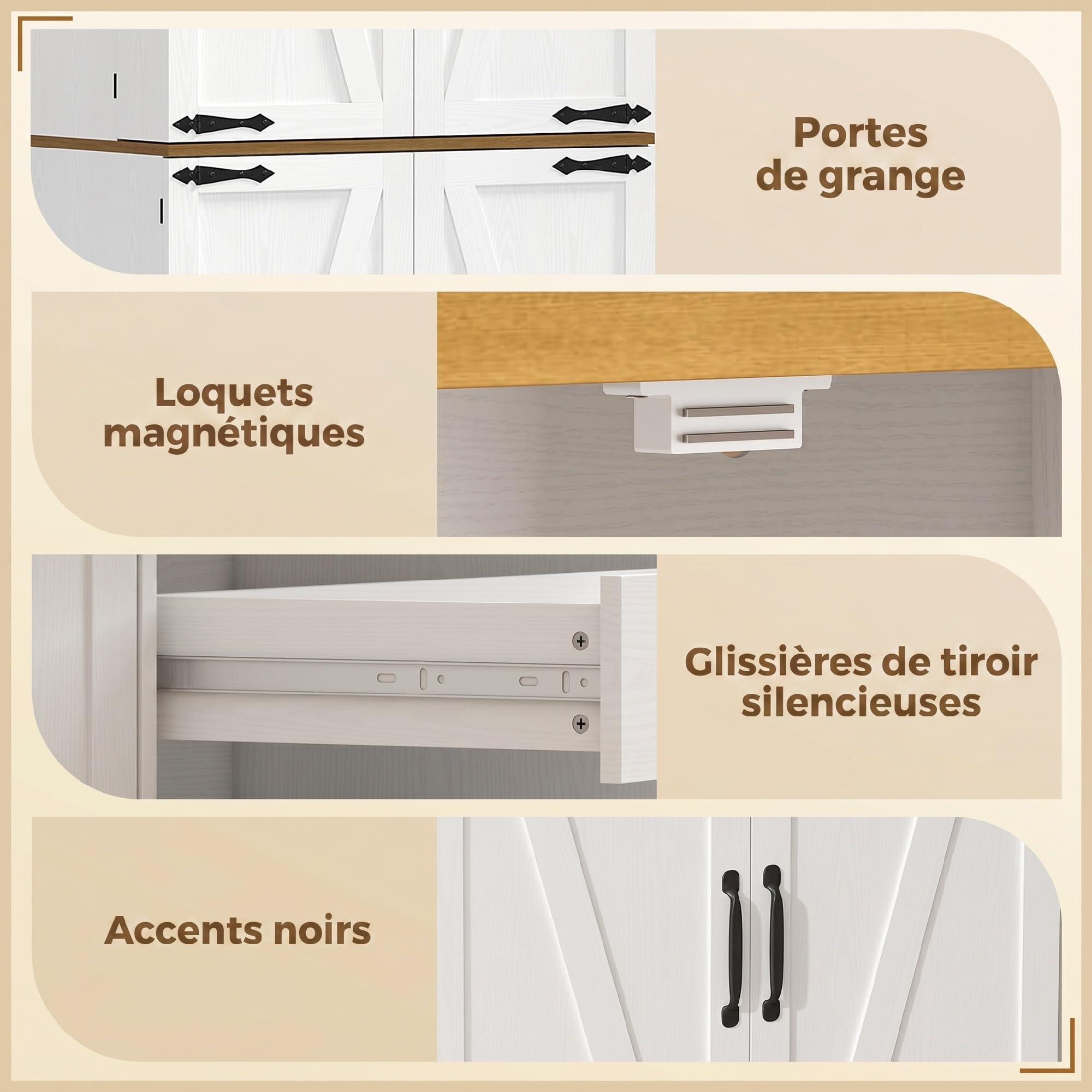 HOMCOM Buffet Haut Cuisine Armoire de Cuisine 4 Portes 76x40x182cm Blanc | Vaisselier, 3 Tiroirs, 8 Porte-Racks, Étagères Réglables, Style Rustique, Meuble de Rangement Salon, Salle à Manger
