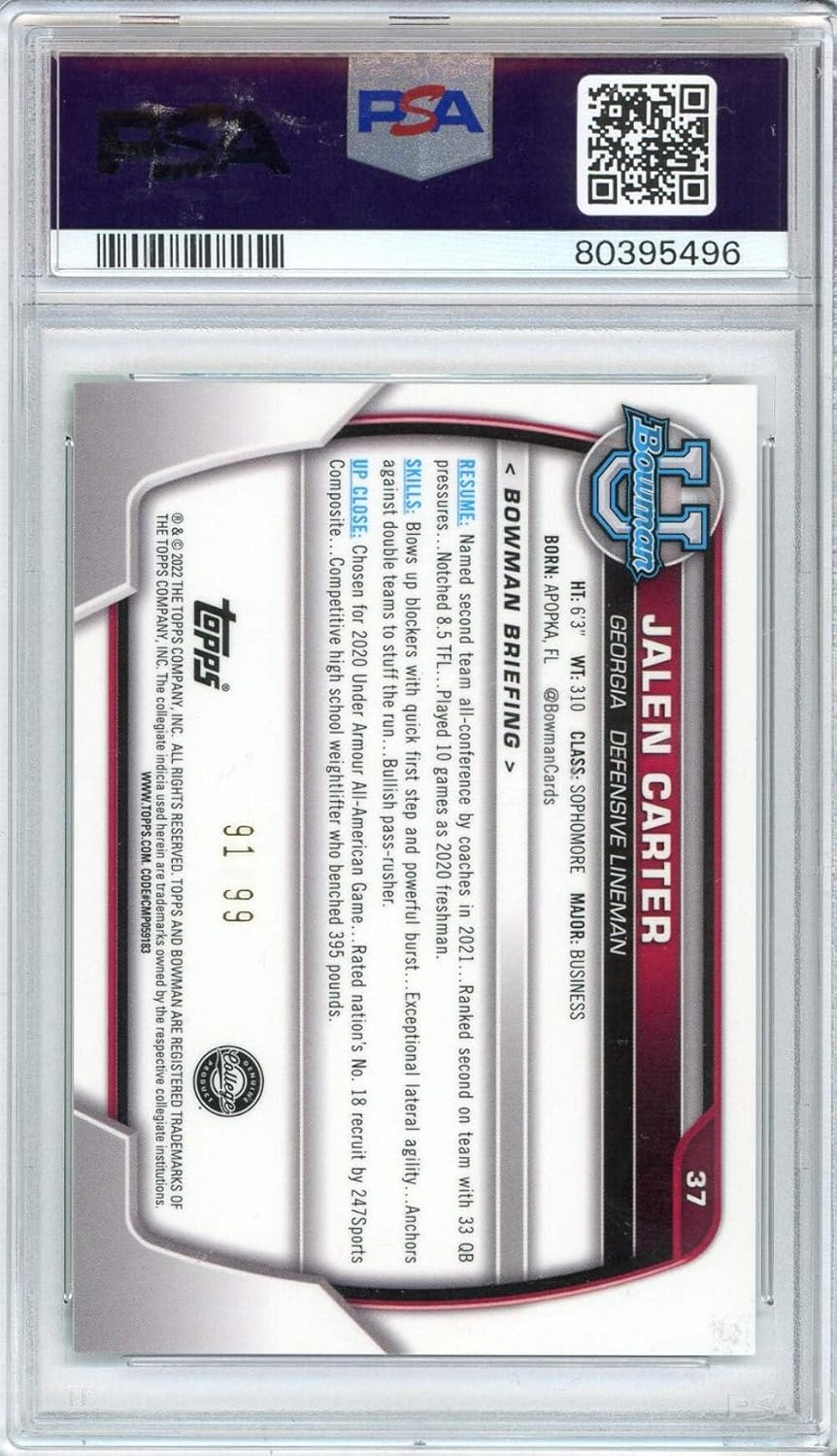 Graded 2022 Bowman University Jalen Carter #37 Chrome Green Shimmer Rookie RC Football Card PSA 10