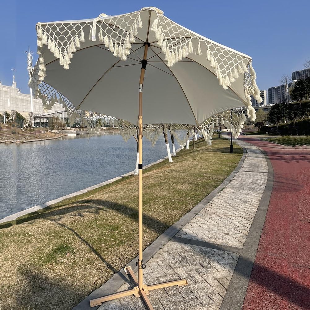 Ombrellone Boho con Frange per Patio Esterno, ombrellone da Spiaggia da 200 cm con inclinazione a Pulsante e palo in Acciaio Resistente, UPF50+, Bianco Antico