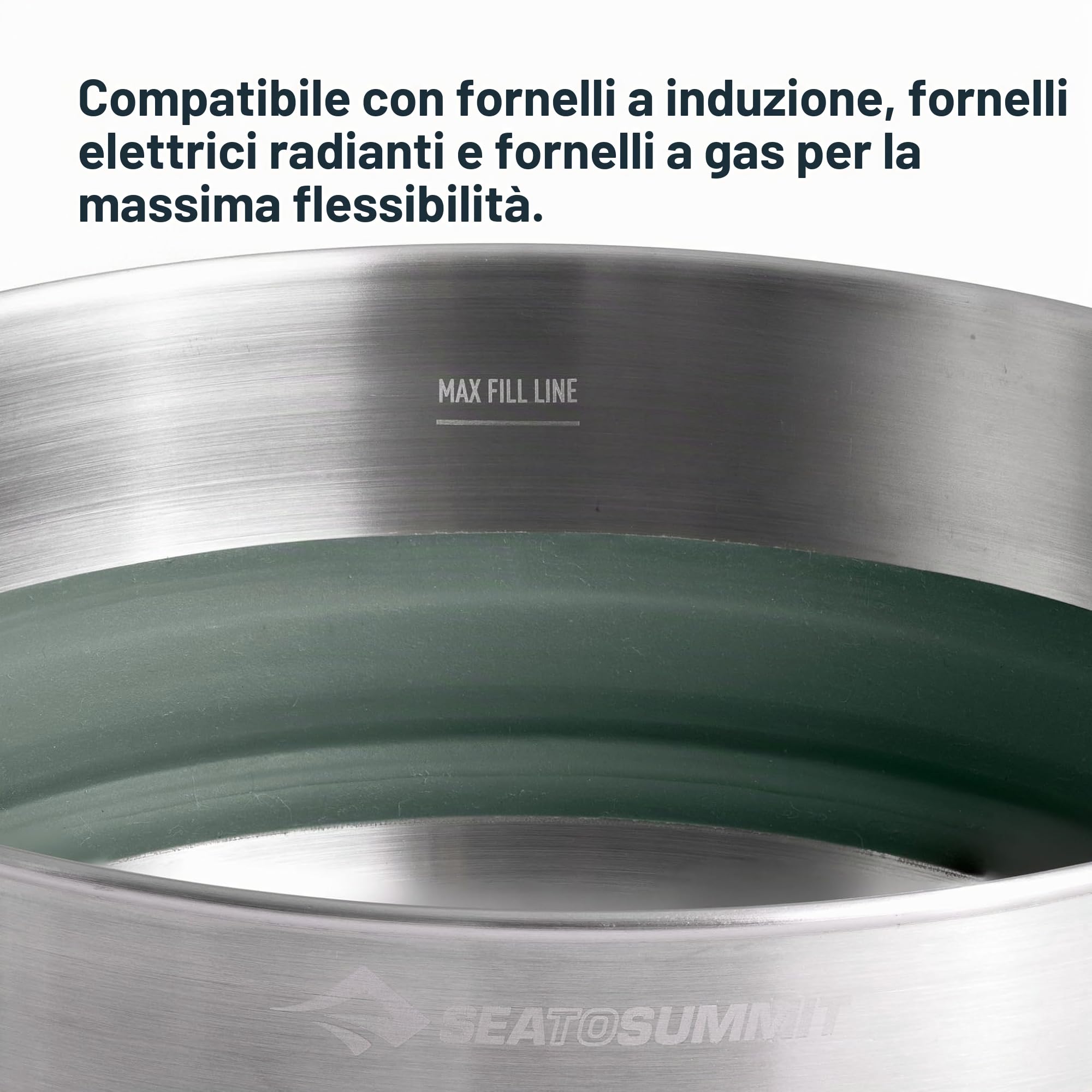 SEA TO SUMMIT - Detour Pentola pieghevole in acciaio inox da 5 litri - da 2 a 4 persone - Maniglie rimovibili Click Safe - Compatibile con piano cottura a induzione - Pentole da campeggio in acciaio