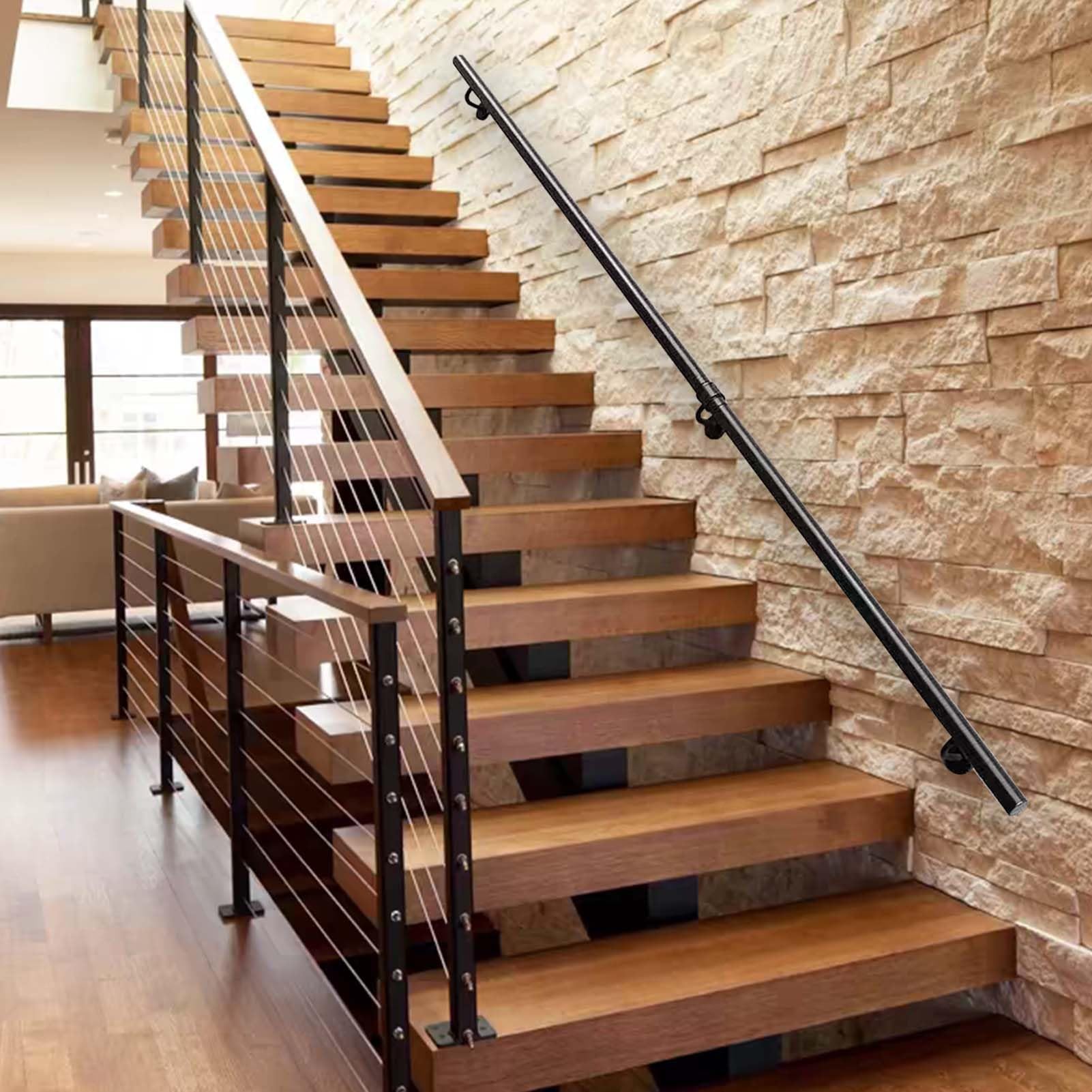 Rampe d'escalier en métal noir de 600cm pour fixation murale de loft