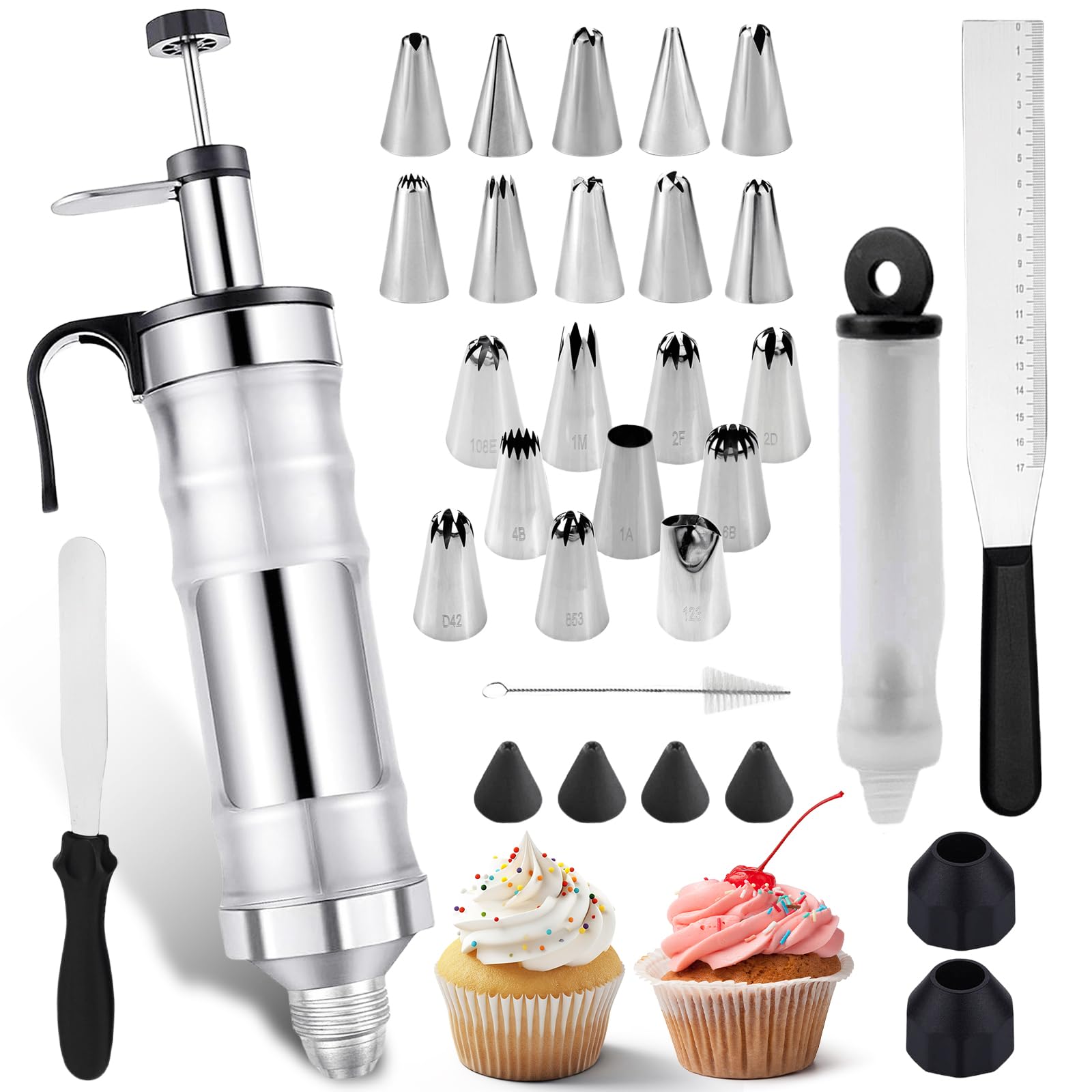 34 Stück Tortenspritze Garnierspritze Edelstahl, Spritzbeutel Wiederverwendbar, Tortenspritze Edelstahl mit 20 Tüllen, Profi Sahnespritze Dessert Dekorieren Spritze für Cupcakes Kuchen Donuts Gebäck