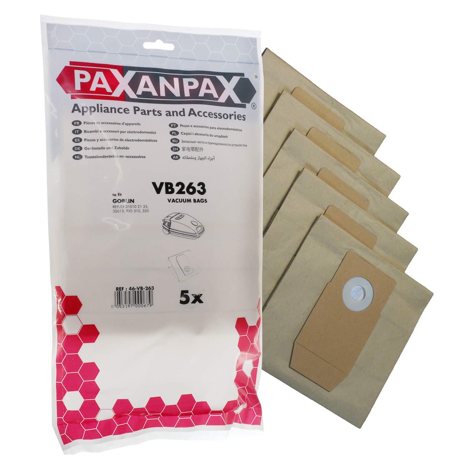 Paxanpax VB263 Compatible Paper Vacuum Bags For Goblin Rio, Rio Reflex, 310, 320 Series (Pack of 5)