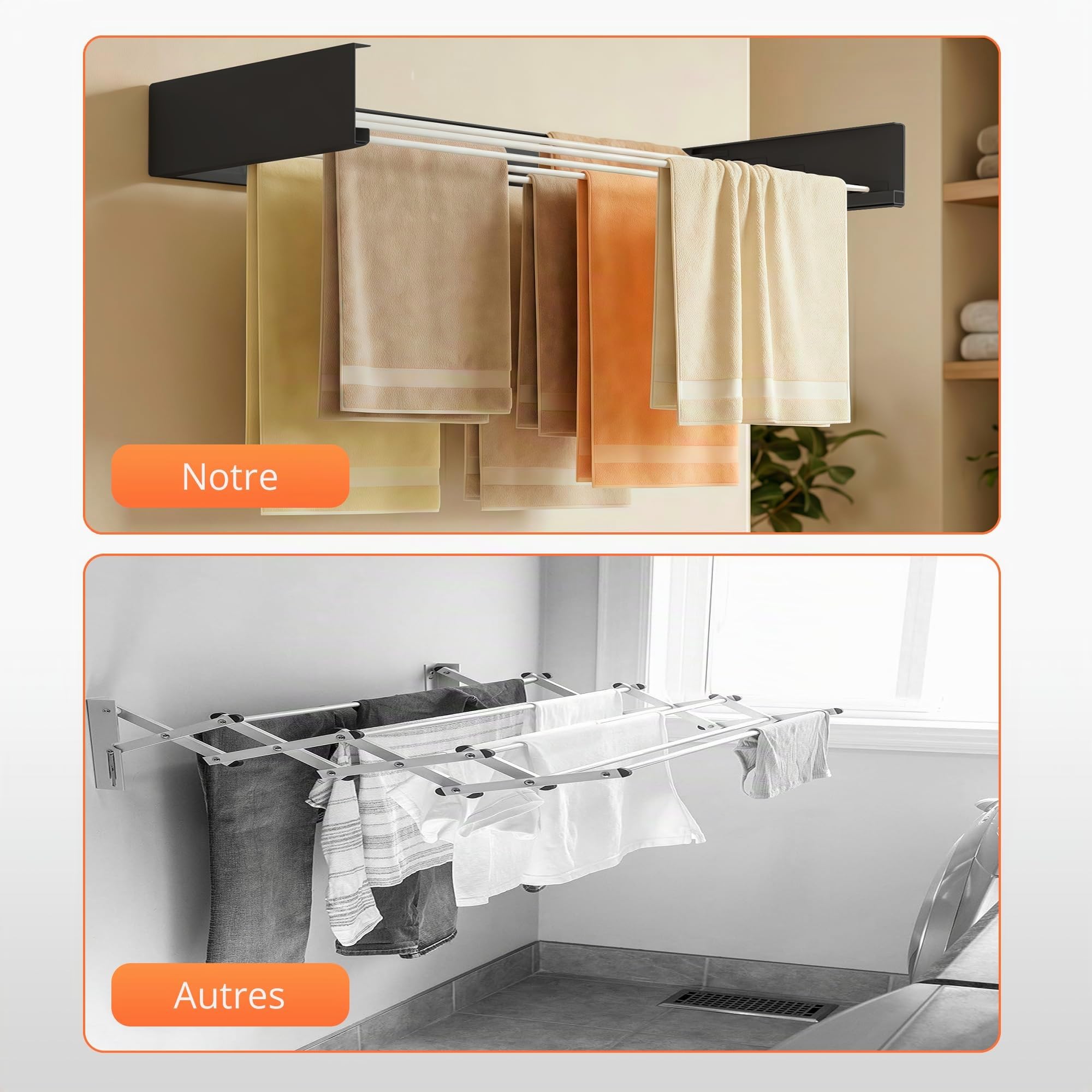 JUPPLIES Étendoir à Linge Mural Rétractable 100 cm – Séchoir Pliable Mural pour Intérieur ou Extérieur – Étendoir Compact en Aluminium 30 kg de Capacité (Noir)