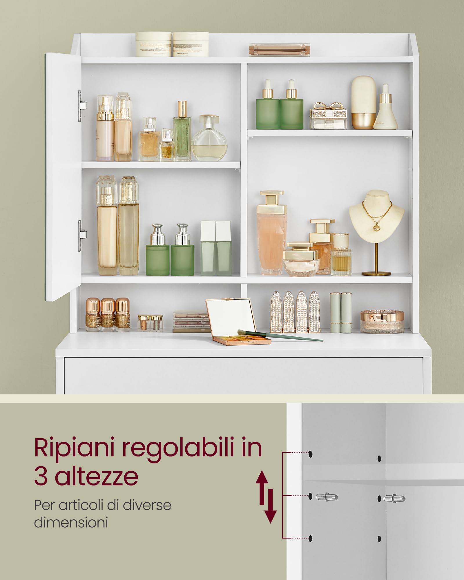 VASAGLE KAILYN Collezione - Toeletta Trucco, Postazione Trucco con Specchio e un Cassetto, Ripiani Regolabili, Moderno, 40 x 70 x 135 cm, Bianco Nuvola RDT118W01