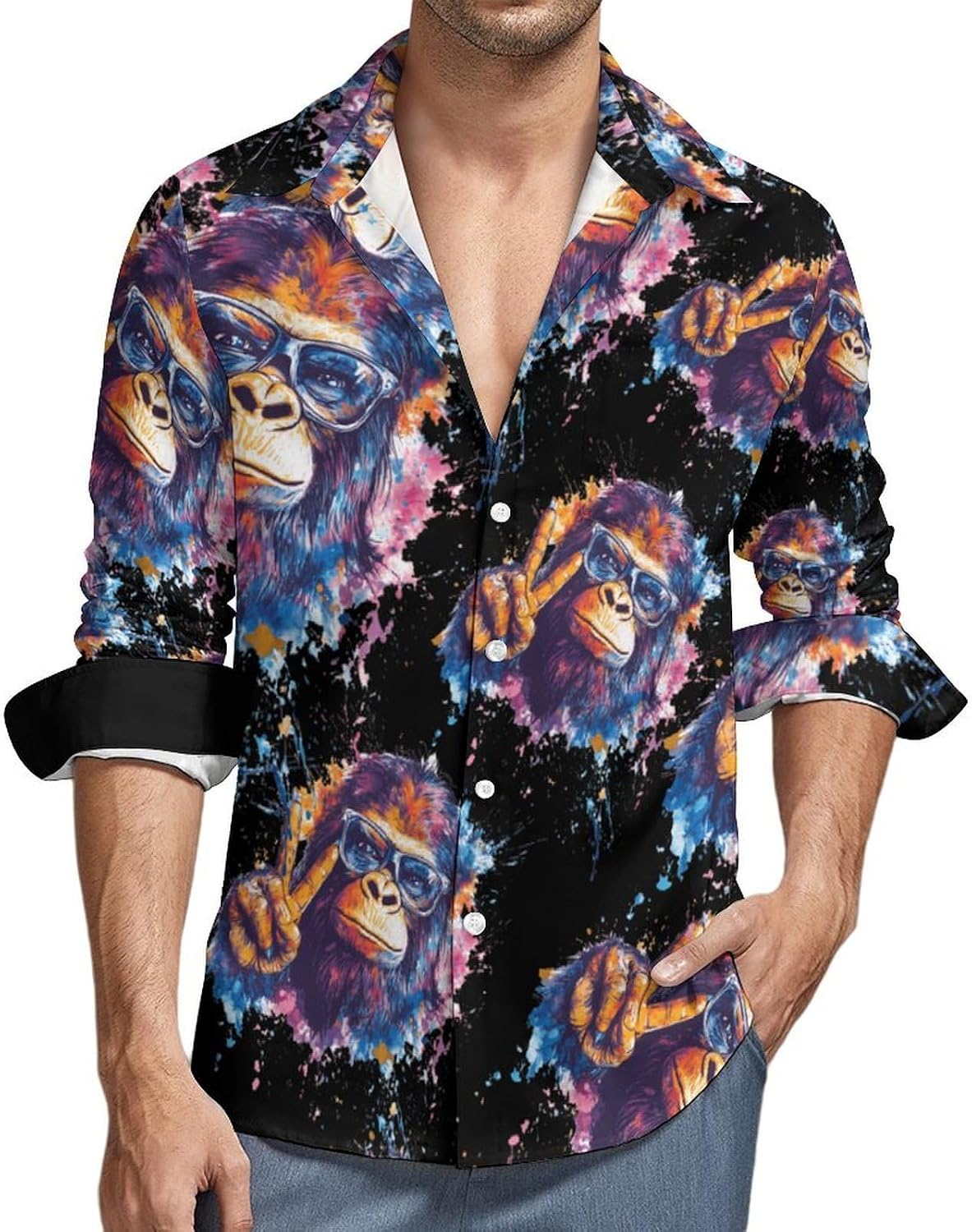 Peace Sign Bigfoot Sasquatch Long Sleeve Shirts Casual Dress Shirt Button-down T-shirts for Men
