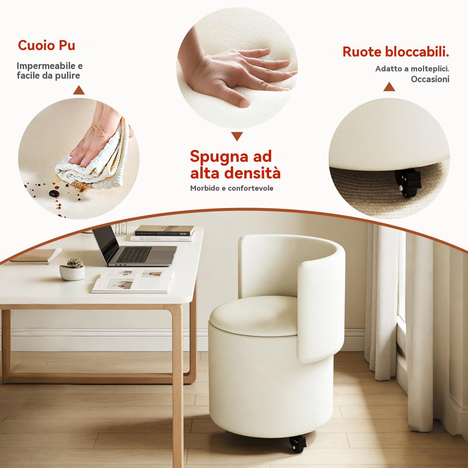 Sedia cosmetica con ruote e spazio di archiviazione, sedia girevole per trucco con schienale ribaltabile, piccolo pouf imbottito in pelle PU per camere da letto e salotti.