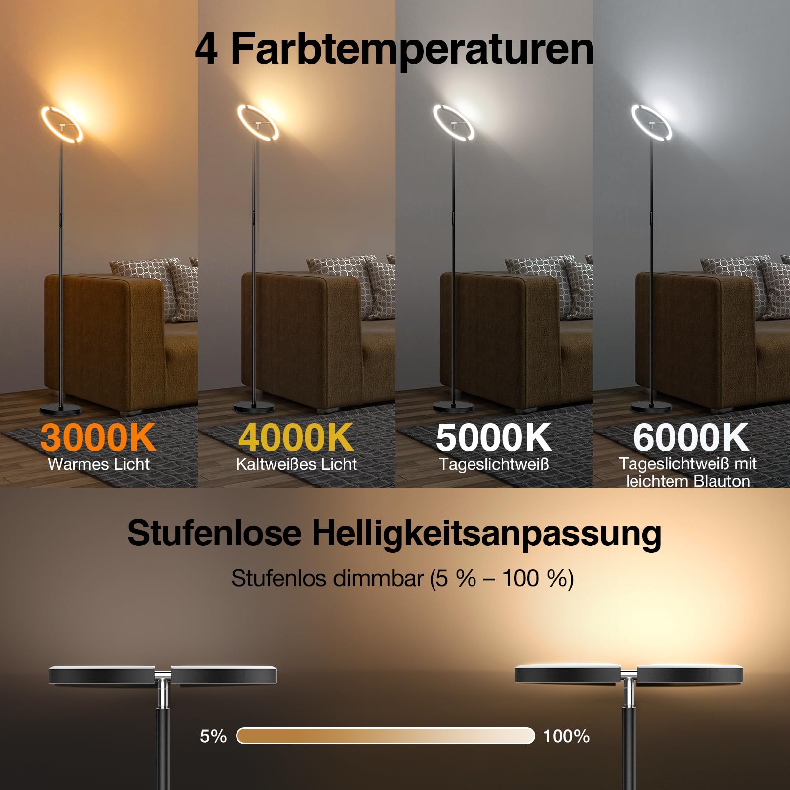 SIBRILLE LED Stehlampe Wohnzimmer, Schwarz Stehlampe Dimmbar 22W 1300LM Modern Deckenfluter LED mit Fernbedienung Warmweiß Kaltweiß Leselampe, Touch Stehleuchte für Büro Wohnzimmer Schlafzimmer Hotel