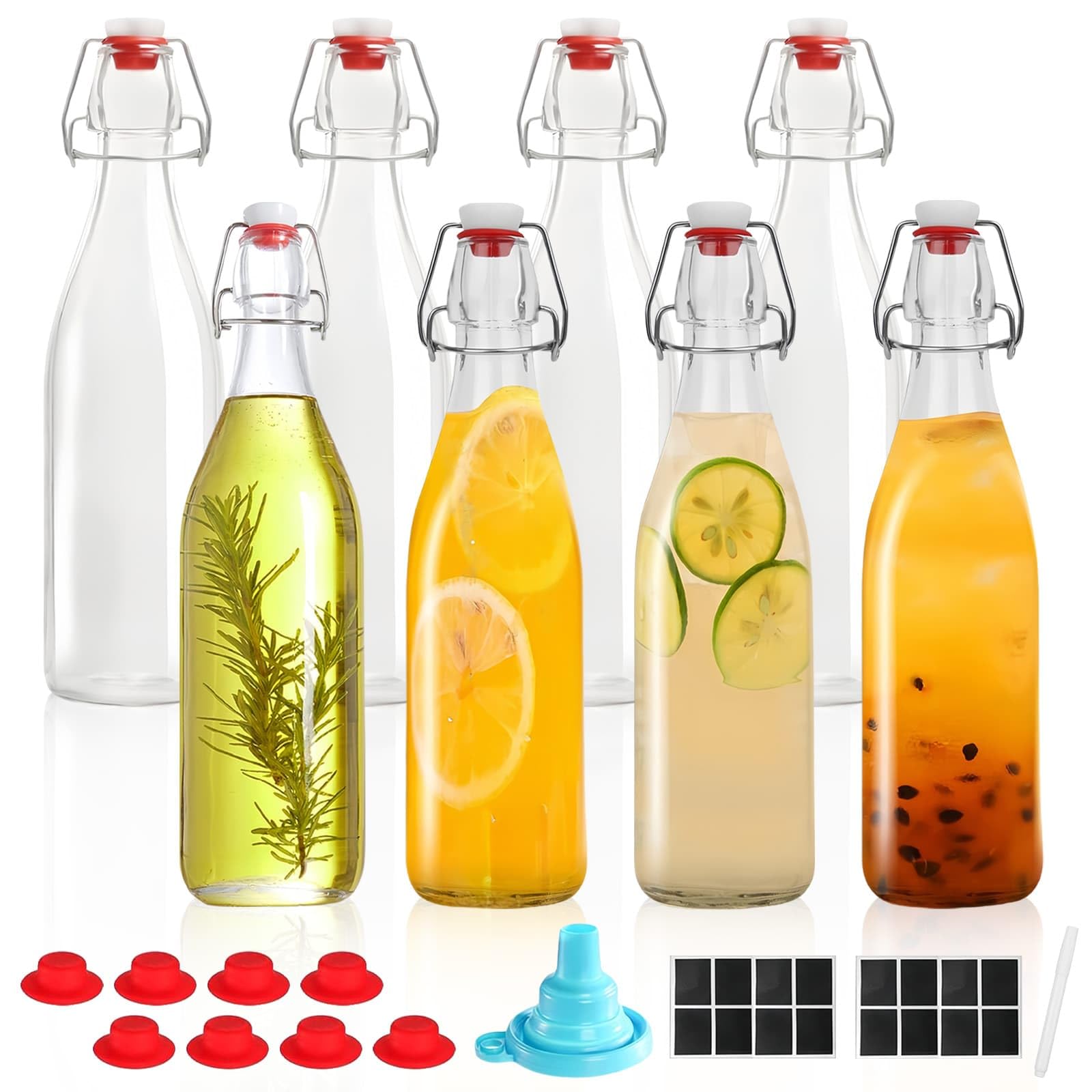 Dyuee Clear Glass Bottles With Stoppers & Screw Caps Swing Top Glass Bottles Transparent Beer Bottle With Flip Top Stopper For Brewing Beer Kombucha Alcohol Juices Wine Beverage Vinegar (8Pcs 500Ml)