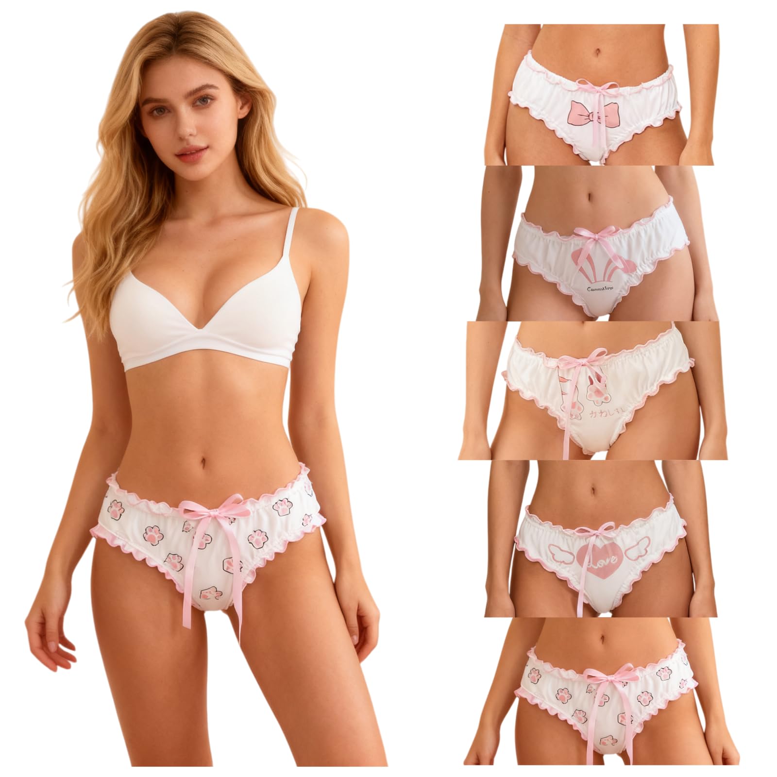 Womens Underwear for Women 5 Packs Panties Cute Cotton Kawaii Japanese-Style Cat Kitty Paw Animal Heart-Print