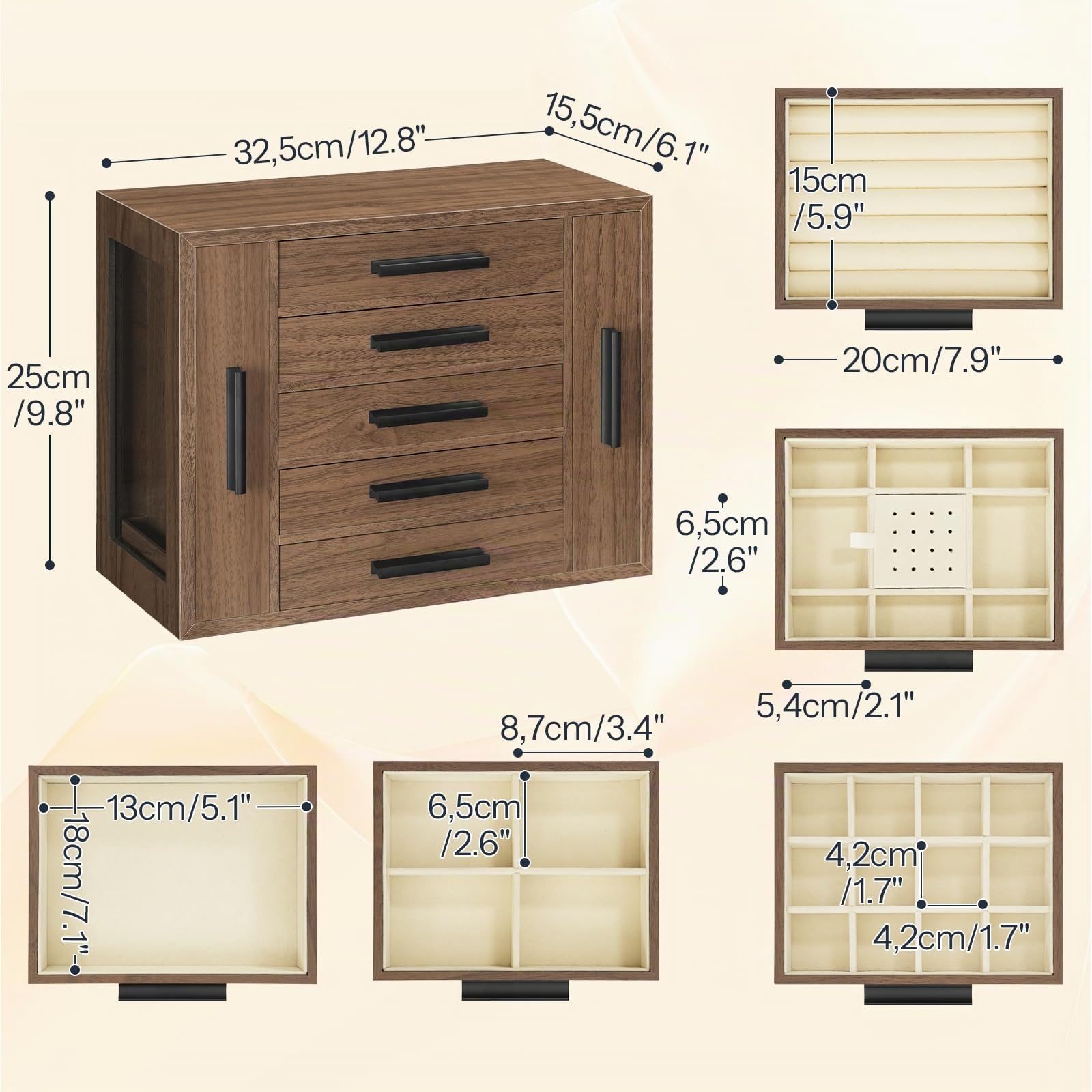 HOOBRO Caja para Guardar Joyas con 5 Niveles, Joyero de Madera con Ventanilla Transparente y 2 Cajones Verticales, Cofre para Joyas, Pendientes, Collares, Anillos, Relojes, Nogal y Negro EBH19JB04