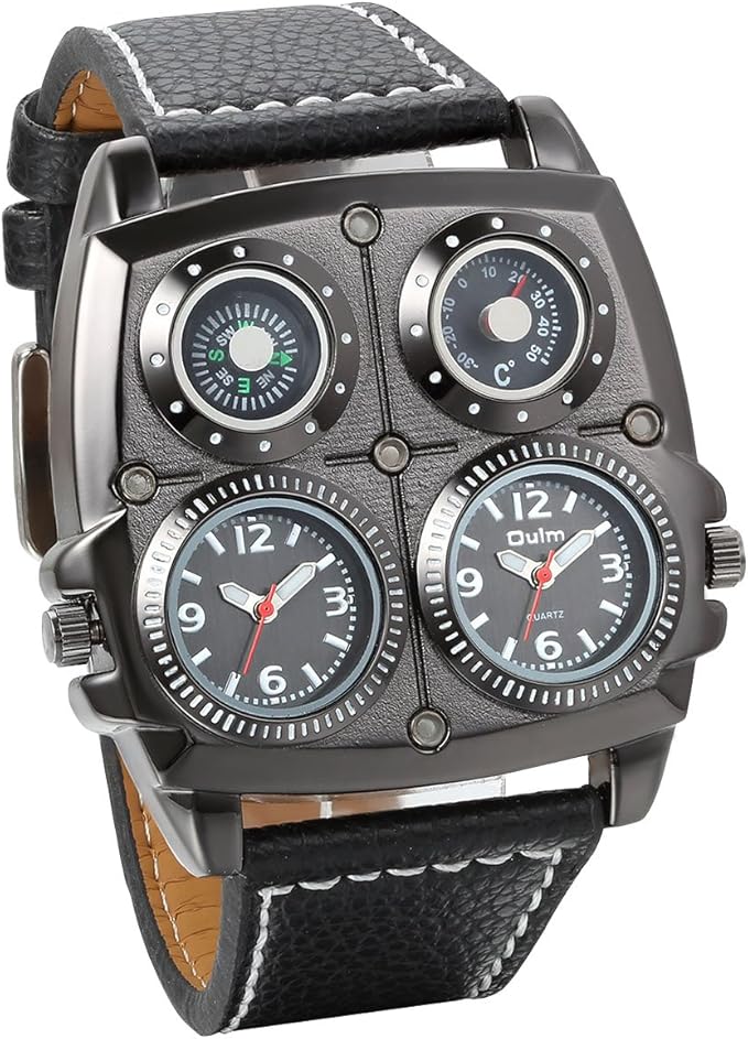JewelryWe Mens Dual Time Zone Army Military Large Sport Quartz Watch Black with Decorative Compass Thermometer