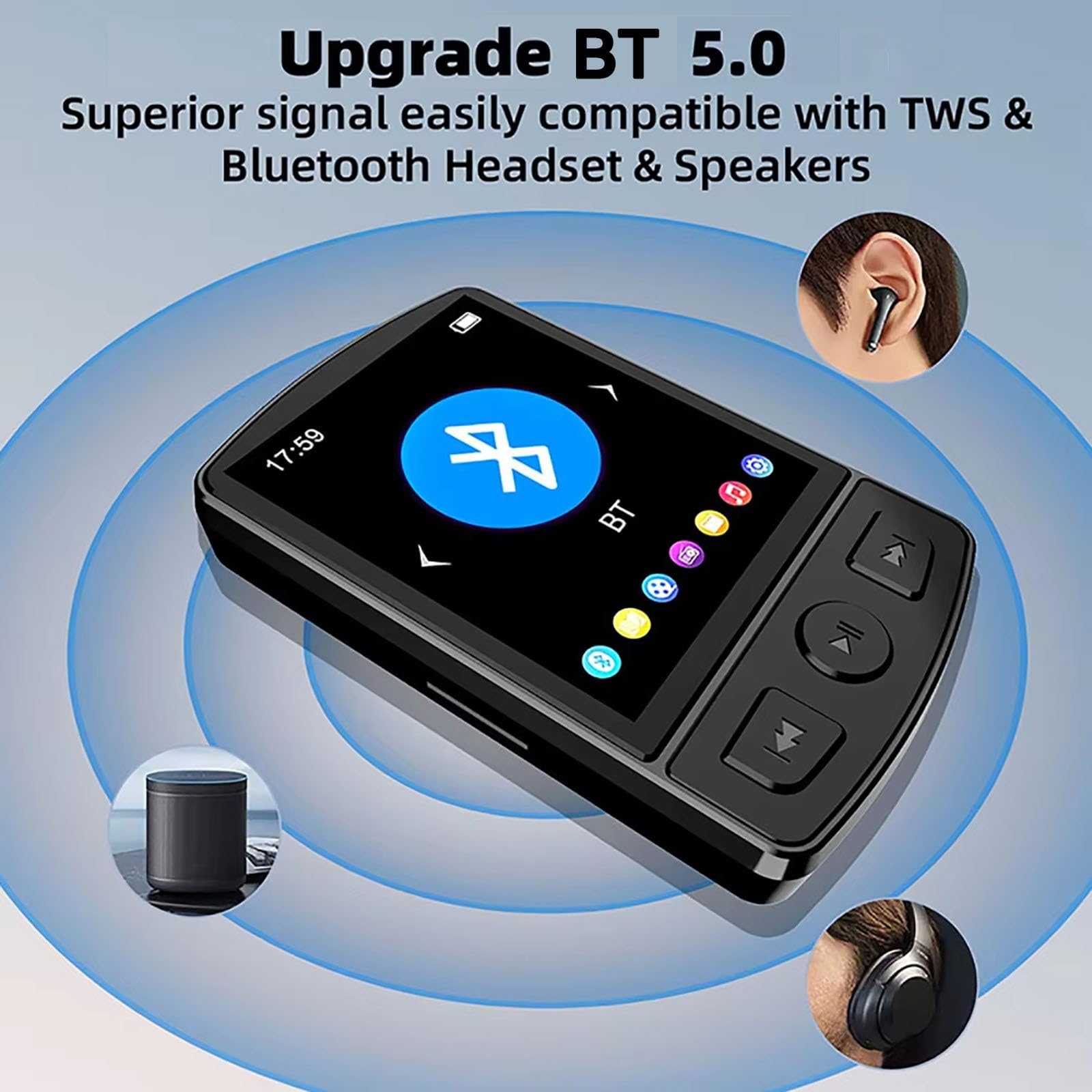 Reproductor MP3 de 32 GB con conexión inalámbrica, sonido Hi-Fi sin pérdidas, pantalla de 1,8" | Entretenimiento todo en uno (radio FM, grabación y eBook) | Batería de larga duración, clip deportivo