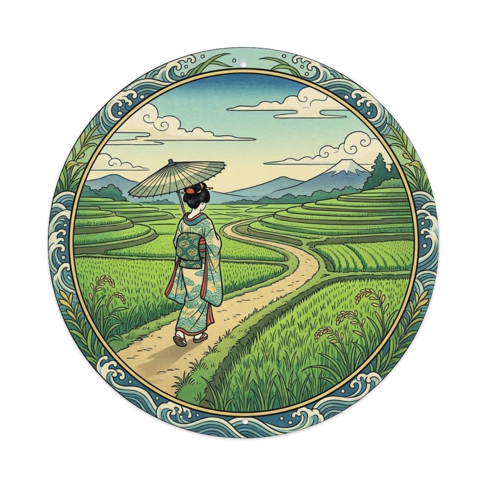 Japanese Geisha Walking Rice Field Path Green Scenery Metal Tin Sign