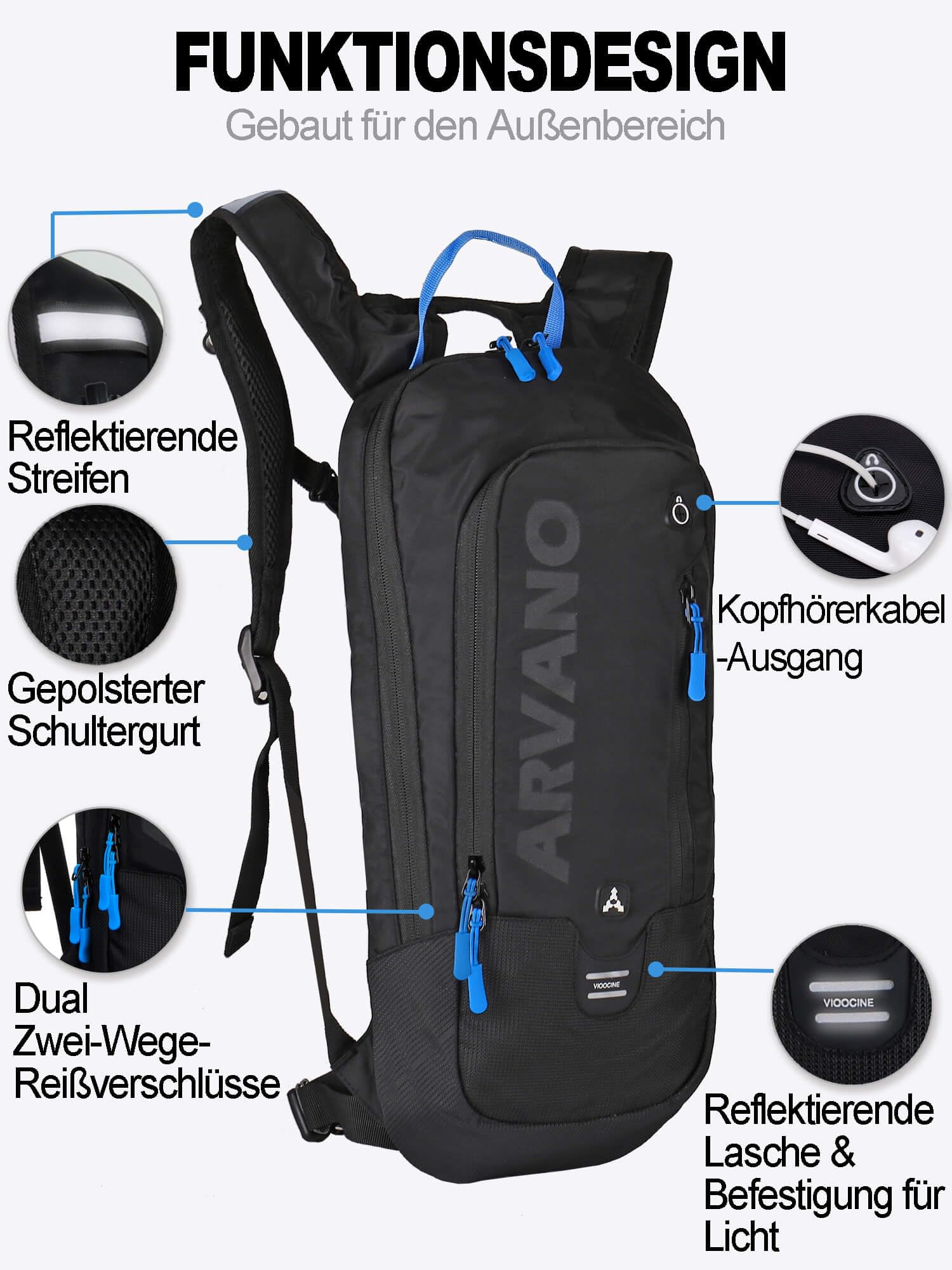 6L Fahrradrucksack mit 2L Trinkblase, Trinkrucksack Leicht & Atmungsaktiv, Mountainbike Rucksack mit Brust- & Hüftgurt, für Radfahren, Wandern, Laufen für Damen und Herren