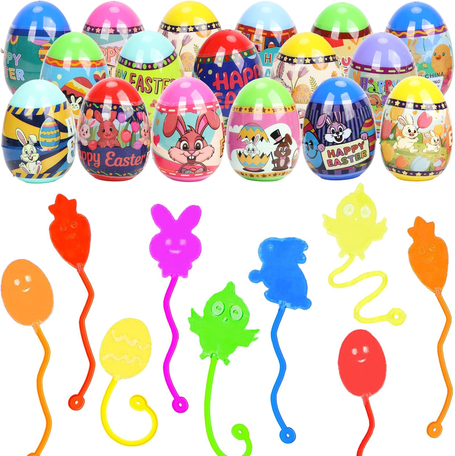 Easter Eggs with Sticky Stretchy Toys Inside – 24 Pack Filled Easter Eggs, Assorted Easter Elements, Surprise Party Favors for Kids, Egg Hunt, Easter Basket Stuffers